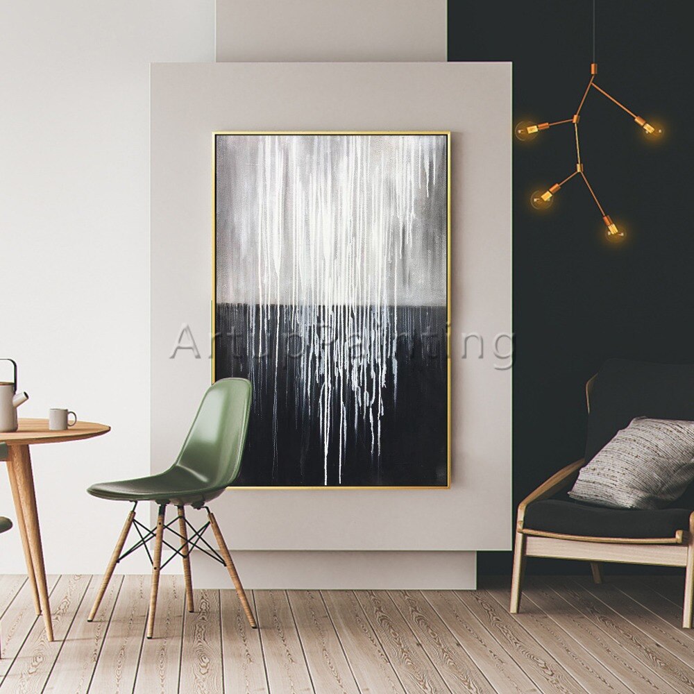 Pintura al &oacute;leo abstracta moderna para decoraci&oacute;n del hogar, lienzo pintado a mano, cuadro art&iacute;stico de pared negro, blanco y gris, papel de pared para sala de estar