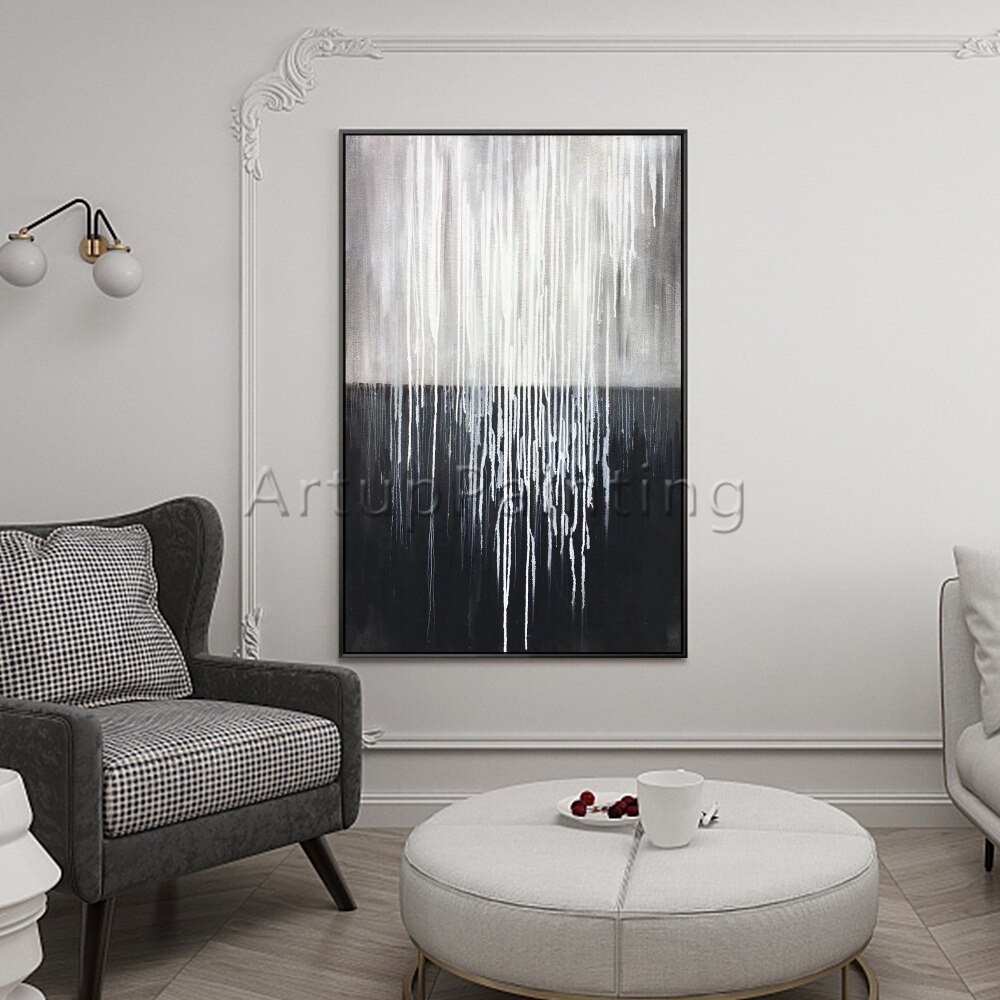 Pintura al &oacute;leo abstracta moderna para decoraci&oacute;n del hogar, lienzo pintado a mano, cuadro art&iacute;stico de pared negro, blanco y gris, papel de pared para sala de estar