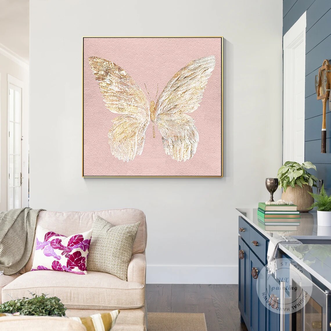 Pintura de mariposa, lienzo de pintura abstracta original texturizada de alas doradas, arte de pared grande enmarcado cuadrado moderno para sala de estar Pintura de mariposa, lienzo de pintura abstracta original texturizada de alas doradas, arte de pared grande enmarcado cuadrado moderno para sala de estar