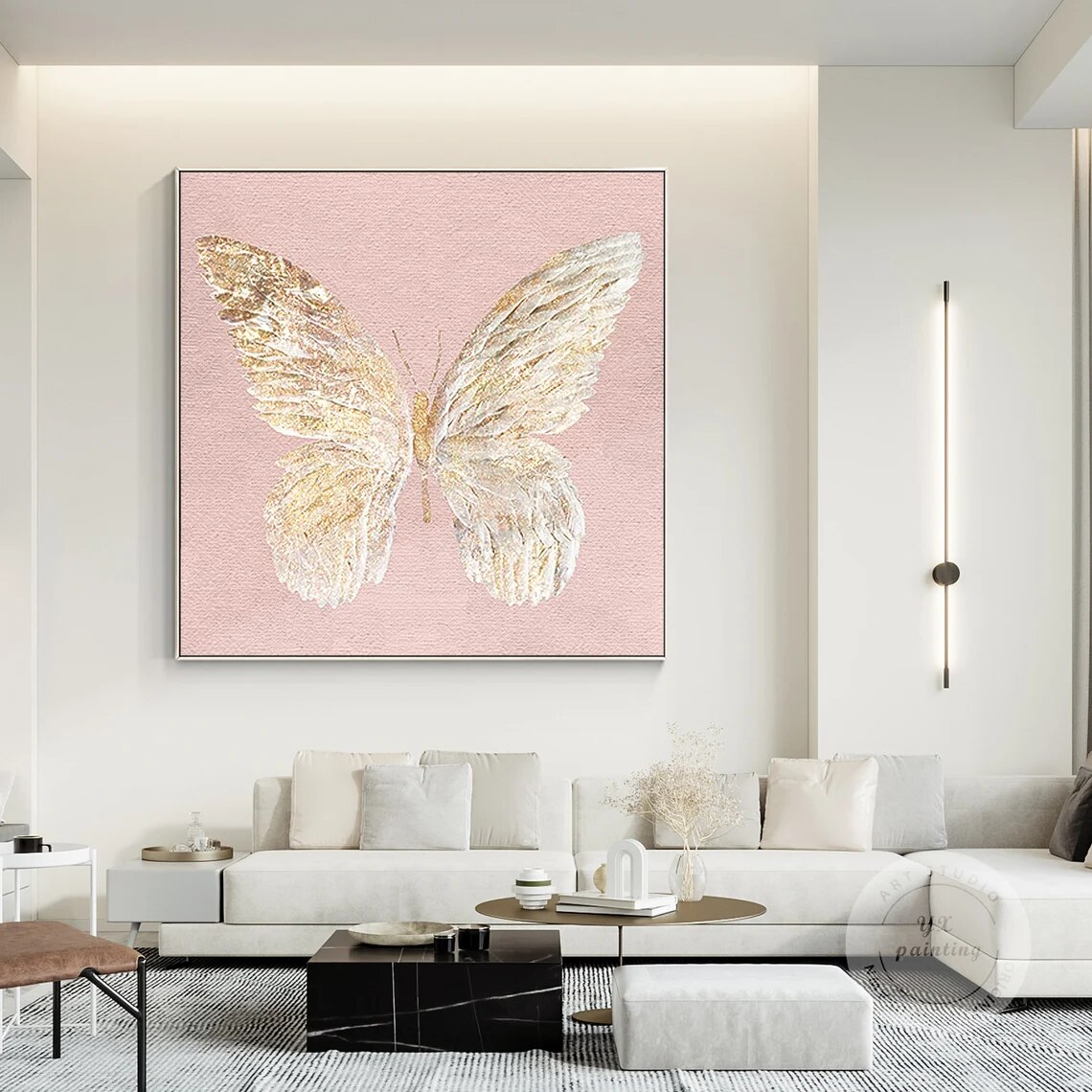 Pintura de mariposa, lienzo de pintura abstracta original texturizada de alas doradas, arte de pared grande enmarcado cuadrado moderno para sala de estar Pintura de mariposa, lienzo de pintura abstracta original texturizada de alas doradas, arte de pared grande enmarcado cuadrado moderno para sala de estar