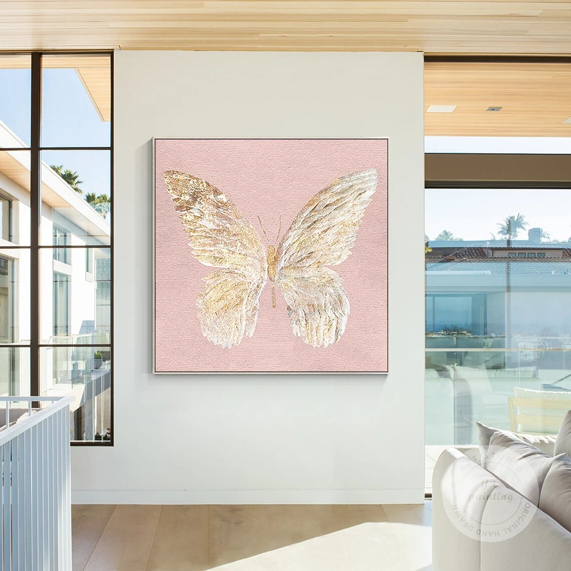Pintura de mariposa, lienzo de pintura abstracta original texturizada de alas doradas, arte de pared grande enmarcado cuadrado moderno para sala de estar Pintura de mariposa, lienzo de pintura abstracta original texturizada de alas doradas, arte de pared grande enmarcado cuadrado moderno para sala de estar