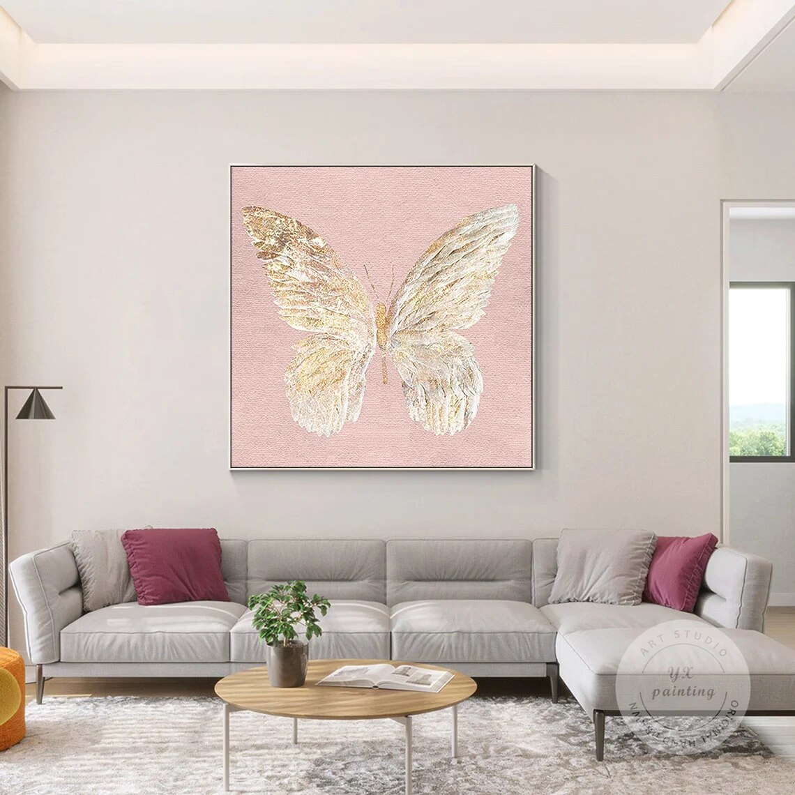 Pintura de mariposa, lienzo de pintura abstracta original texturizada de alas doradas, arte de pared grande enmarcado cuadrado moderno para sala de estar Pintura de mariposa, lienzo de pintura abstracta original texturizada de alas doradas, arte de pared grande enmarcado cuadrado moderno para sala de estar