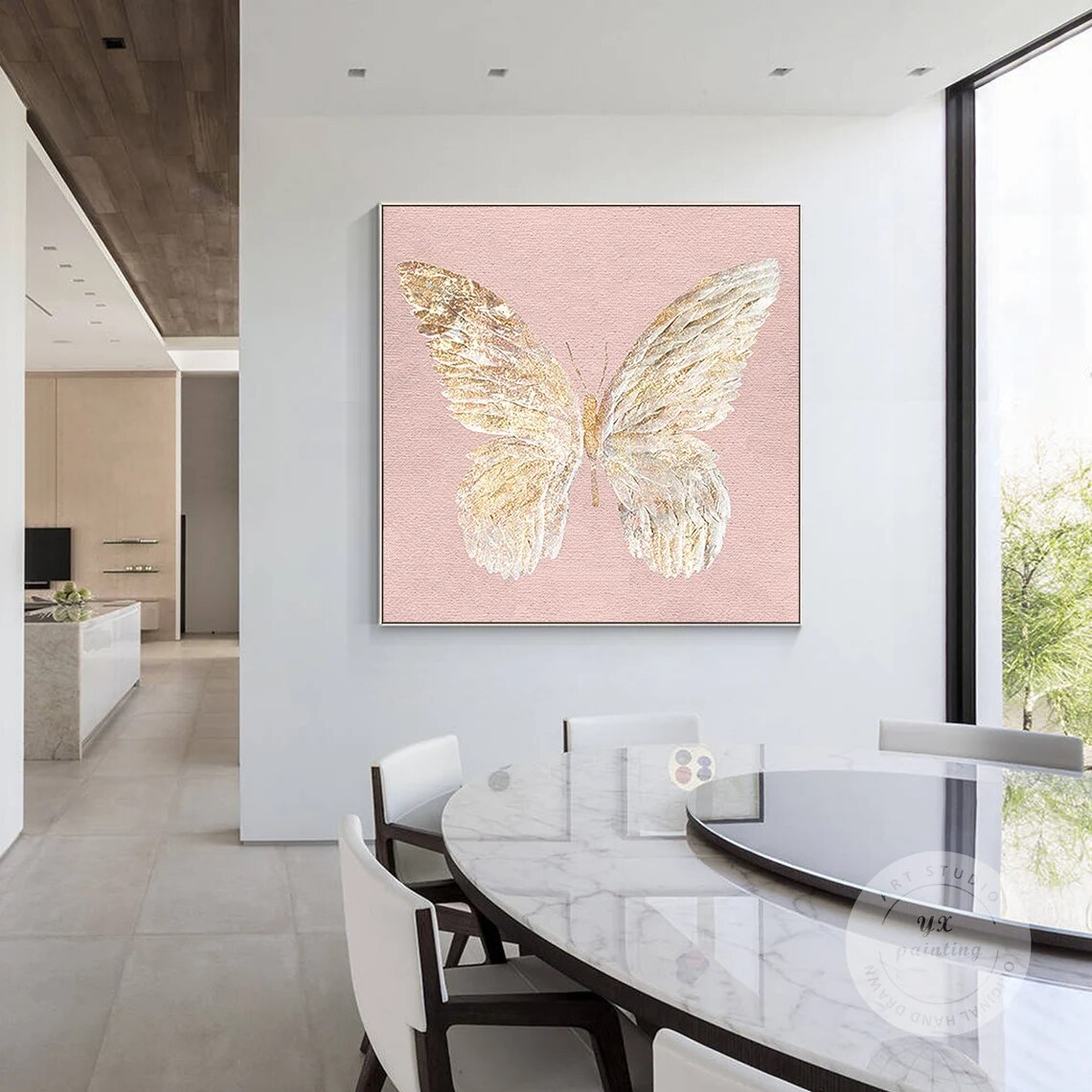 Pintura de mariposa, lienzo de pintura abstracta original texturizada de alas doradas, arte de pared grande enmarcado cuadrado moderno para sala de estar Pintura de mariposa, lienzo de pintura abstracta original texturizada de alas doradas, arte de pared grande enmarcado cuadrado moderno para sala de estar