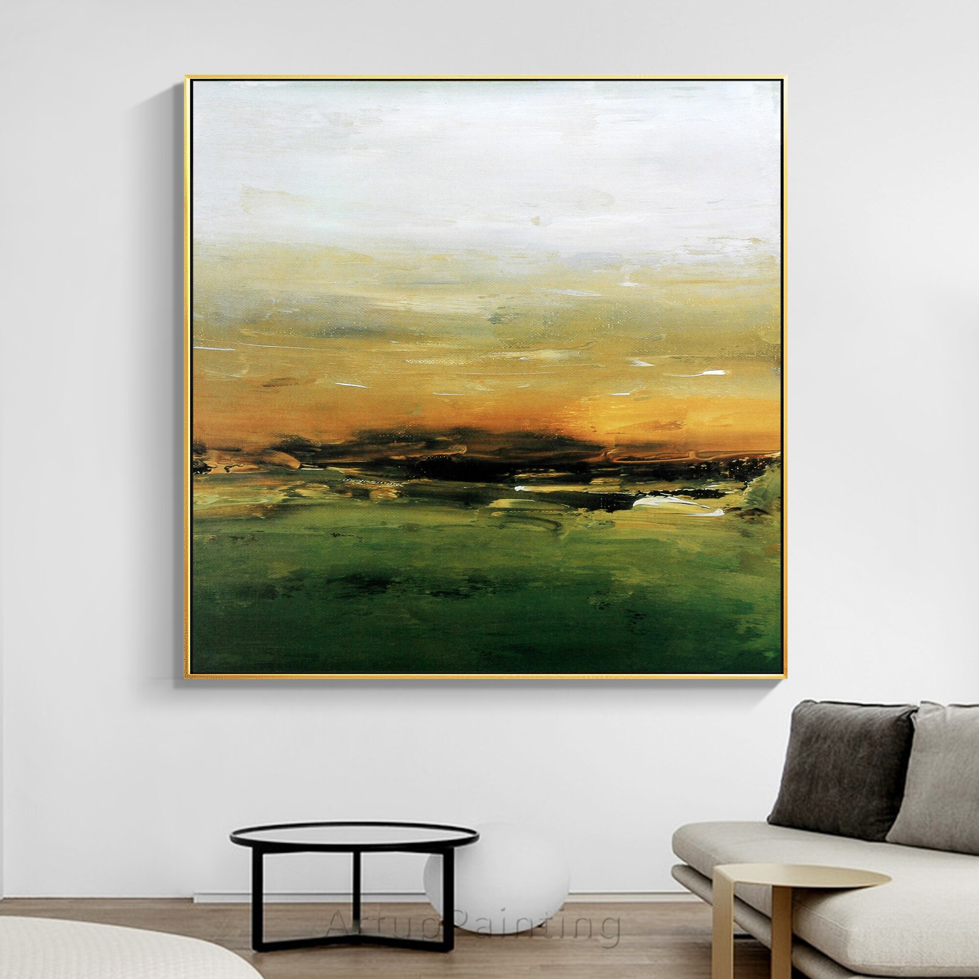 Arte Abstracto de atardecer en el bosque, pintura de lona minimalista en amarillo y verde, im&aacute;genes acr&iacute;licas de pared para decoraci&oacute;n de sala de estar