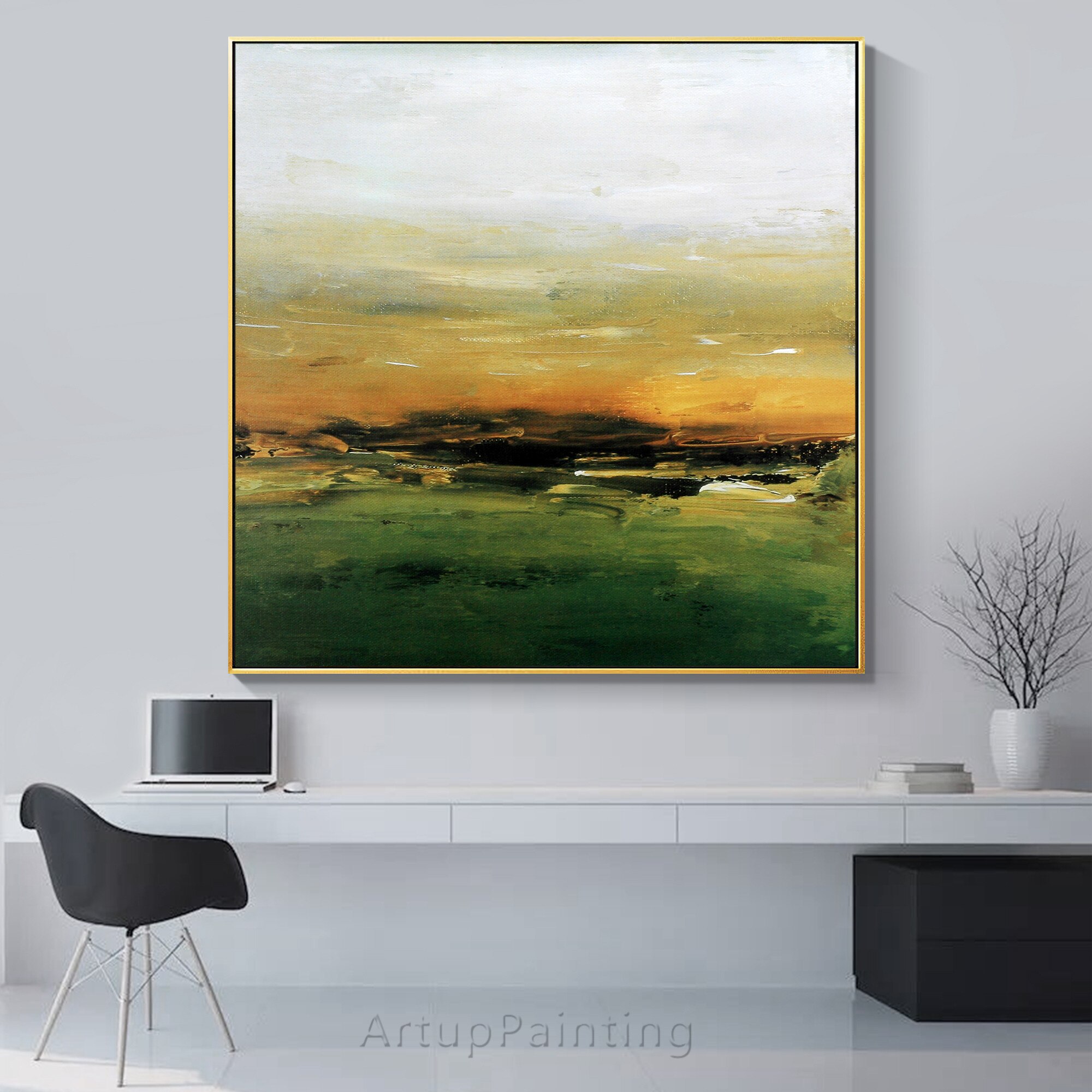 Arte Abstracto de atardecer en el bosque, pintura de lona minimalista en amarillo y verde, im&aacute;genes acr&iacute;licas de pared para decoraci&oacute;n de sala de estar
