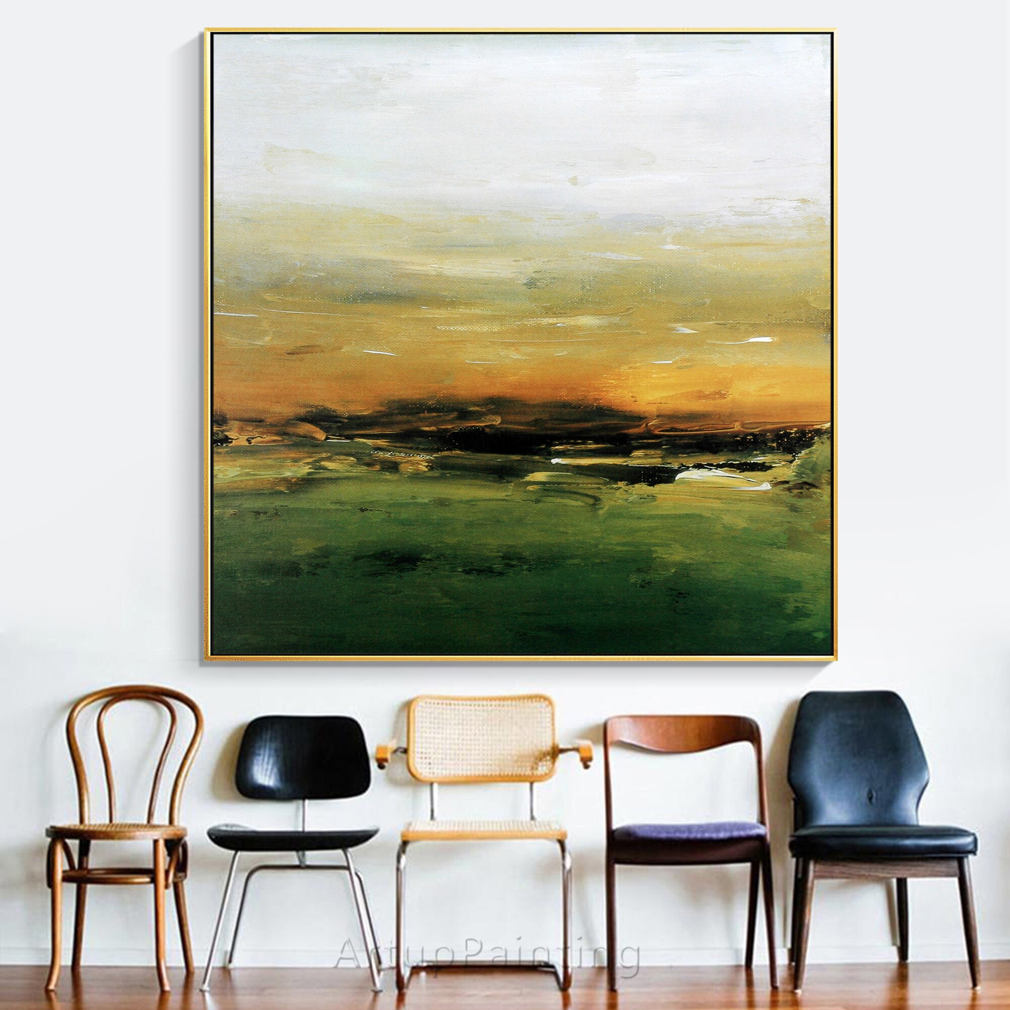 Arte Abstracto de atardecer en el bosque, pintura de lona minimalista en amarillo y verde, im&aacute;genes acr&iacute;licas de pared para decoraci&oacute;n de sala de estar