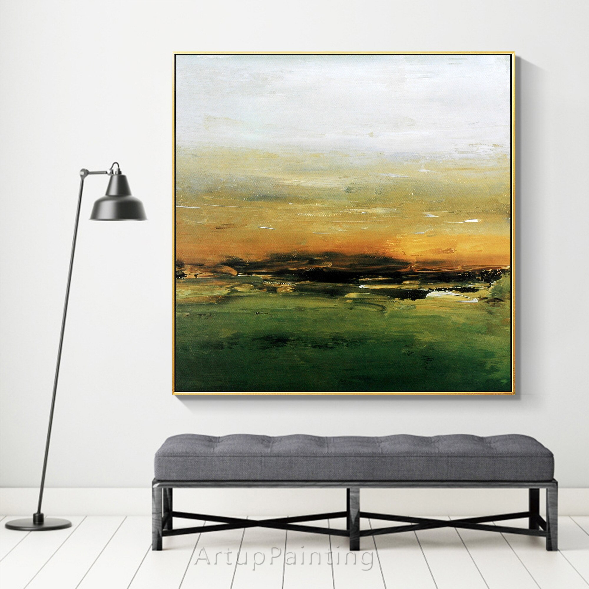Arte Abstracto de atardecer en el bosque, pintura de lona minimalista en amarillo y verde, im&aacute;genes acr&iacute;licas de pared para decoraci&oacute;n de sala de estar