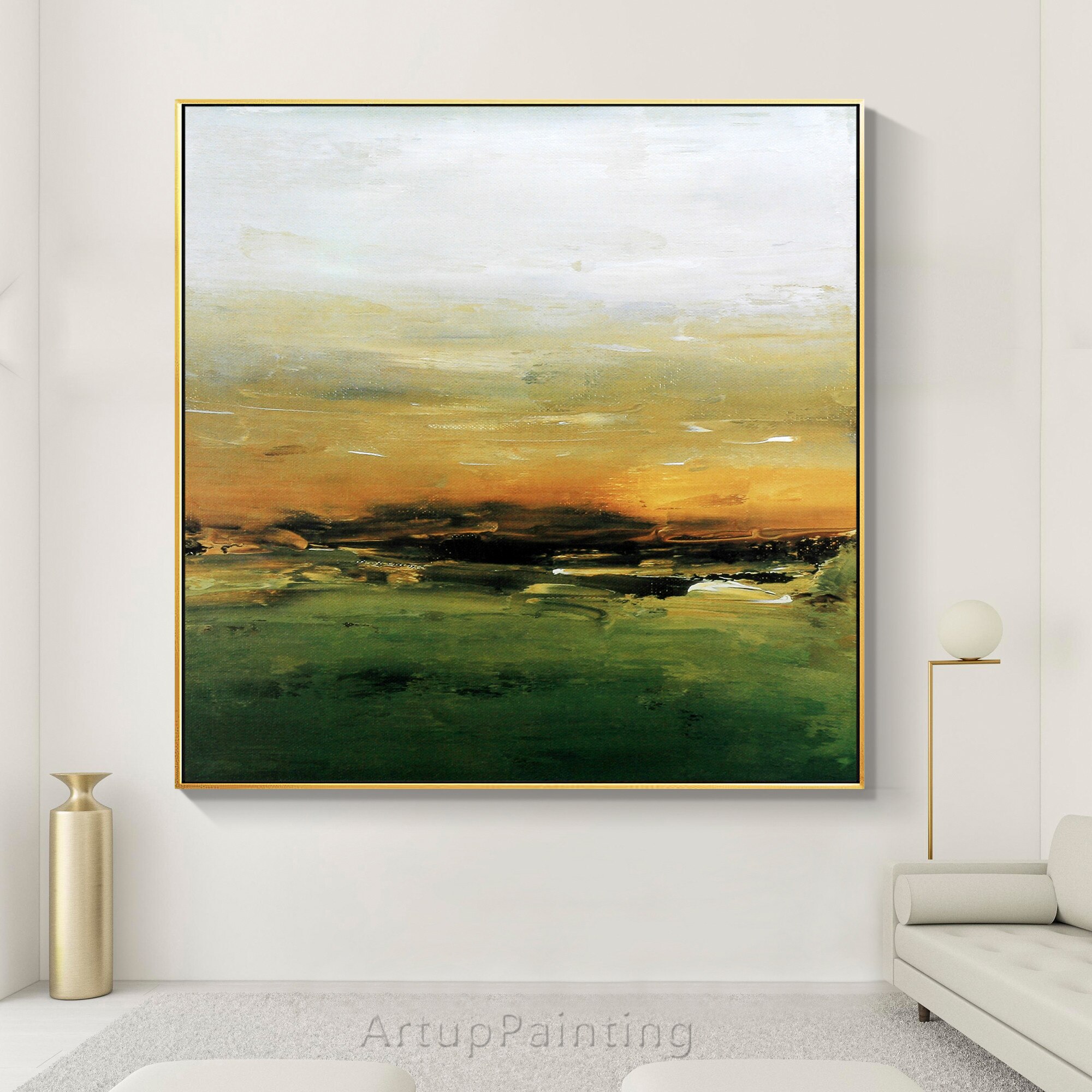 Arte Abstracto de atardecer en el bosque, pintura de lona minimalista en amarillo y verde, im&aacute;genes acr&iacute;licas de pared para decoraci&oacute;n de sala de estar
