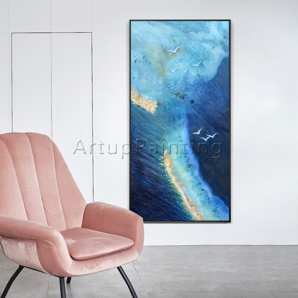 Lienzo de arte de pared pintado a mano, pintura al &oacute;leo moderna, paisaje marino azul claro oscuro dorado, imagen abstracta para decoraci&oacute;n de habitaci&oacute;n para sala de estar