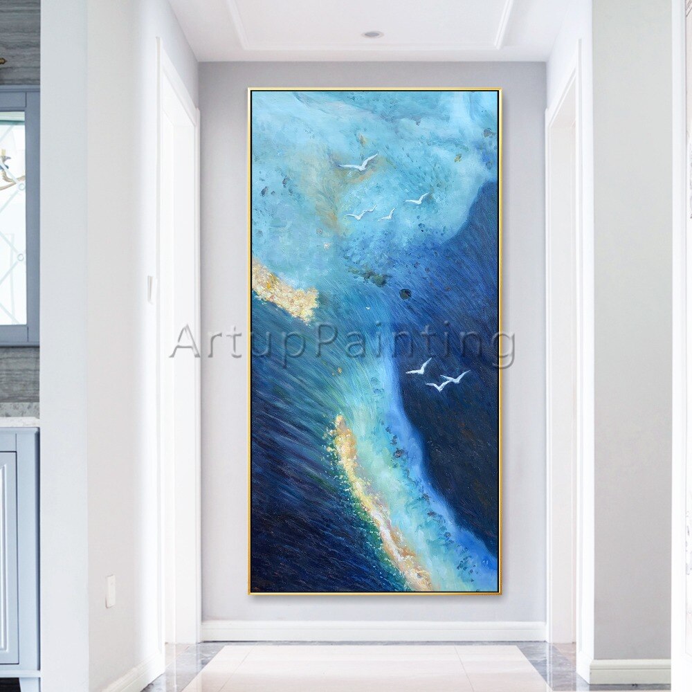 Lienzo de arte de pared pintado a mano, pintura al &oacute;leo moderna, paisaje marino azul claro oscuro dorado, imagen abstracta para decoraci&oacute;n de habitaci&oacute;n para sala de estar