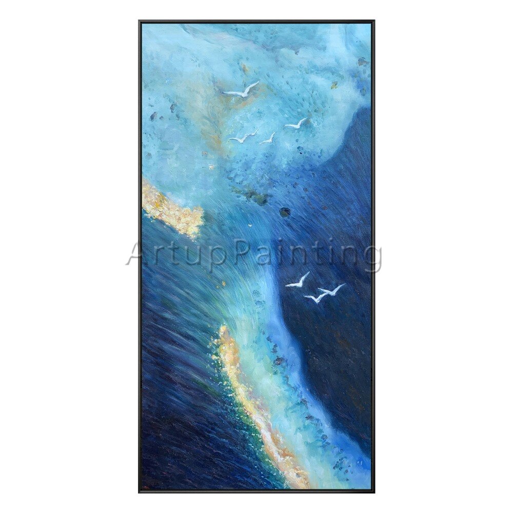 Lienzo de arte de pared pintado a mano, pintura al &oacute;leo moderna, paisaje marino azul claro oscuro dorado, imagen abstracta para decoraci&oacute;n de habitaci&oacute;n para sala de estar