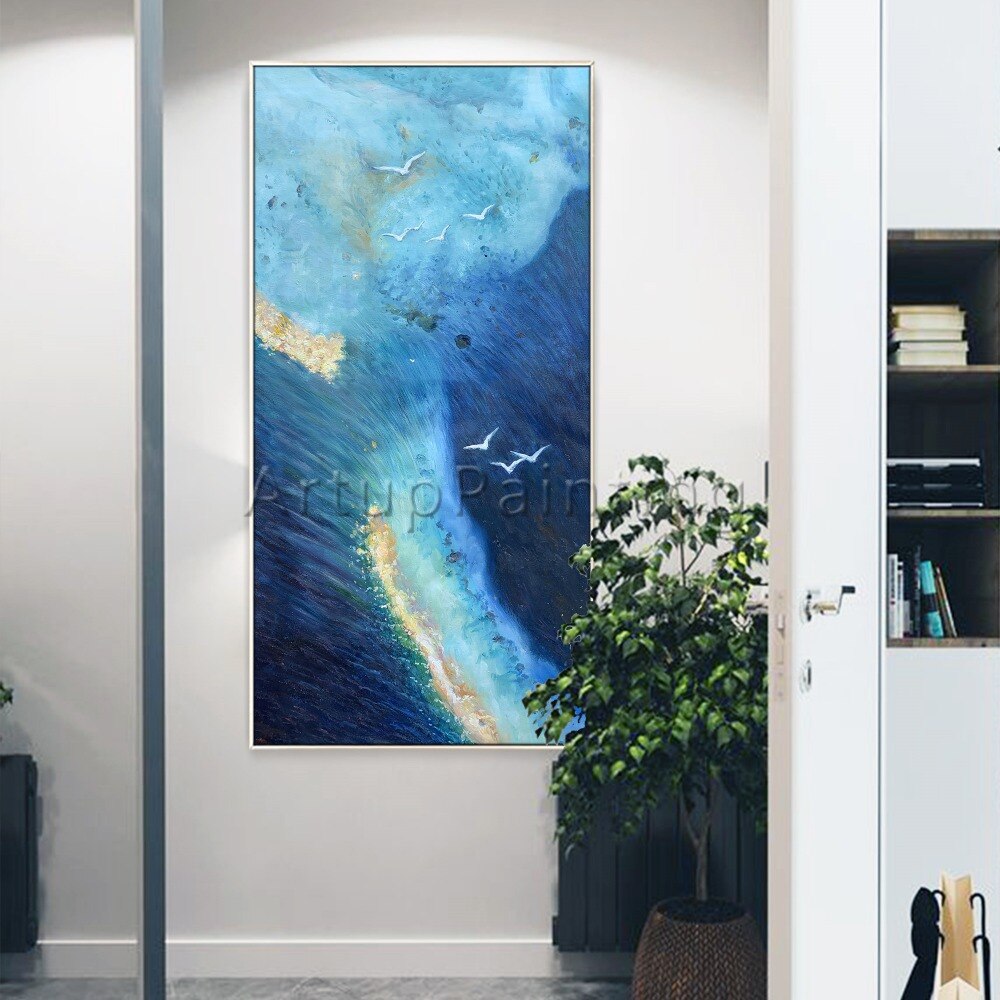 Lienzo de arte de pared pintado a mano, pintura al &oacute;leo moderna, paisaje marino azul claro oscuro dorado, imagen abstracta para decoraci&oacute;n de habitaci&oacute;n para sala de estar