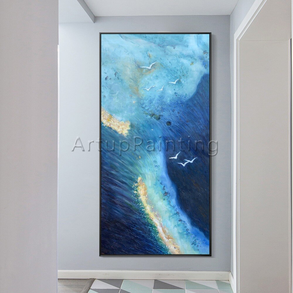 Lienzo de arte de pared pintado a mano, pintura al &oacute;leo moderna, paisaje marino azul claro oscuro dorado, imagen abstracta para decoraci&oacute;n de habitaci&oacute;n para sala de estar