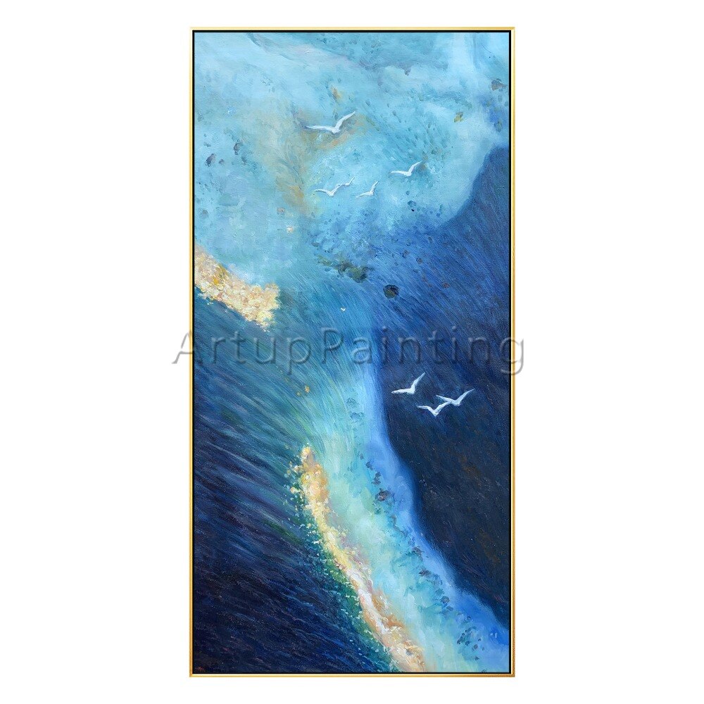 Lienzo de arte de pared pintado a mano, pintura al &oacute;leo moderna, paisaje marino azul claro oscuro dorado, imagen abstracta para decoraci&oacute;n de habitaci&oacute;n para sala de estar