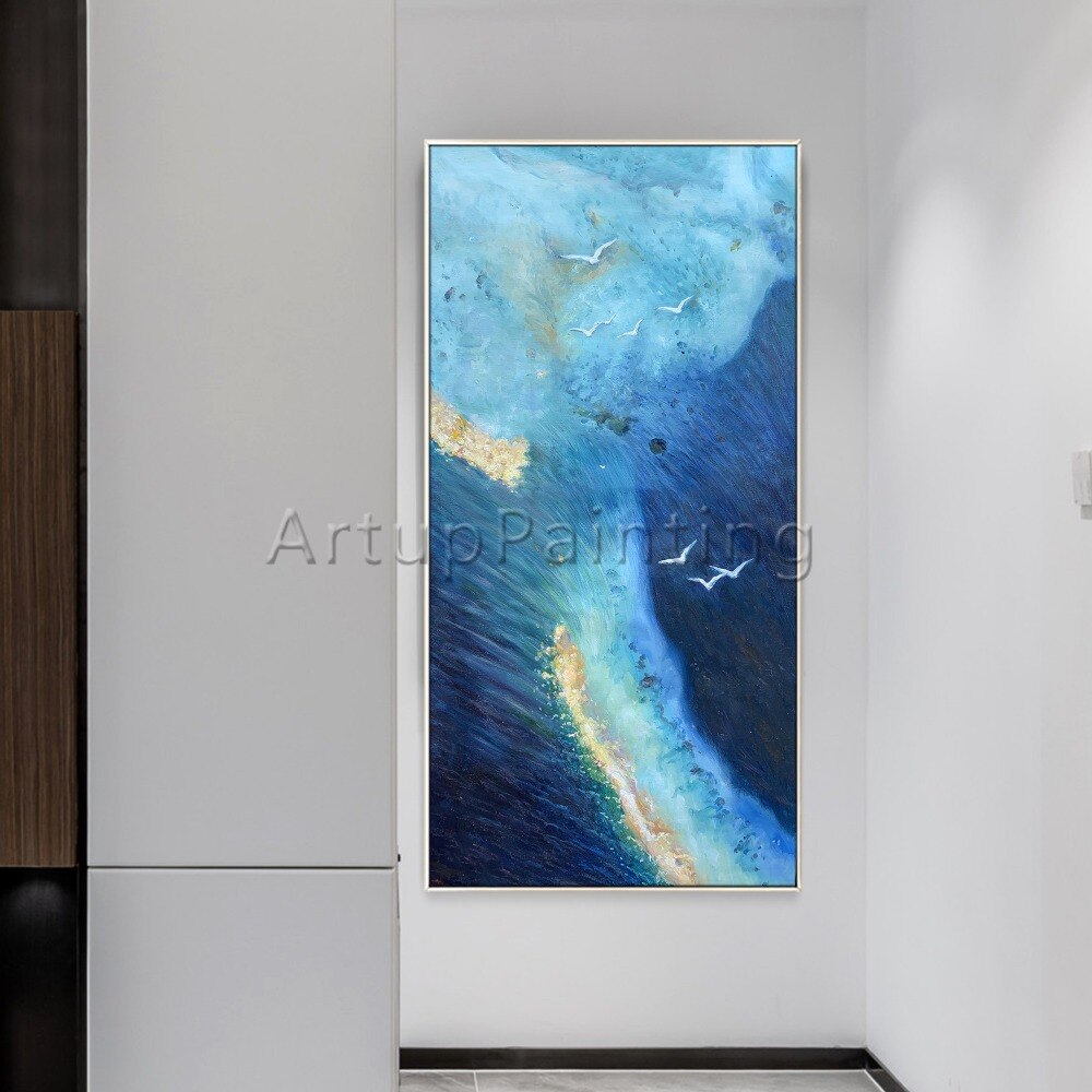 Lienzo de arte de pared pintado a mano, pintura al &oacute;leo moderna, paisaje marino azul claro oscuro dorado, imagen abstracta para decoraci&oacute;n de habitaci&oacute;n para sala de estar