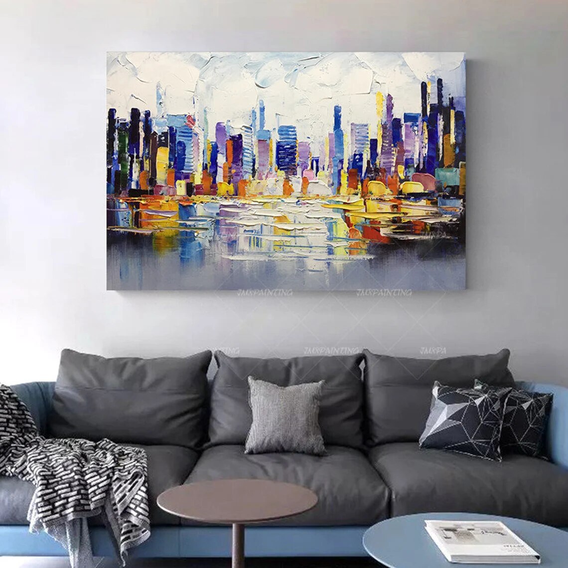 Pintura abstracta de paisaje urbano de Nueva York sobre lienzo, arte de pared pintado a mano Original para dormitorio