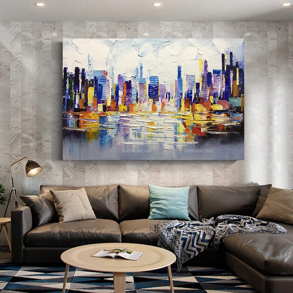 Pintura abstracta de paisaje urbano de Nueva York sobre lienzo, arte de pared pintado a mano Original para dormitorio