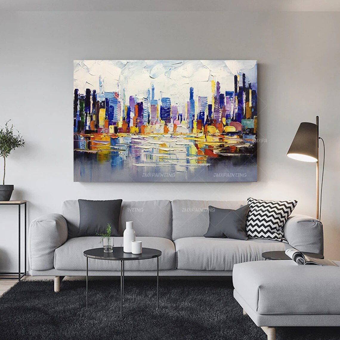 Pintura abstracta de paisaje urbano de Nueva York sobre lienzo, arte de pared pintado a mano Original para dormitorio