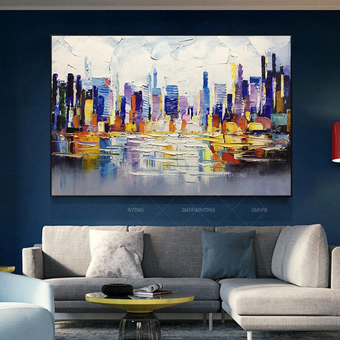 Pintura abstracta de paisaje urbano de Nueva York sobre lienzo, arte de pared pintado a mano Original para dormitorio