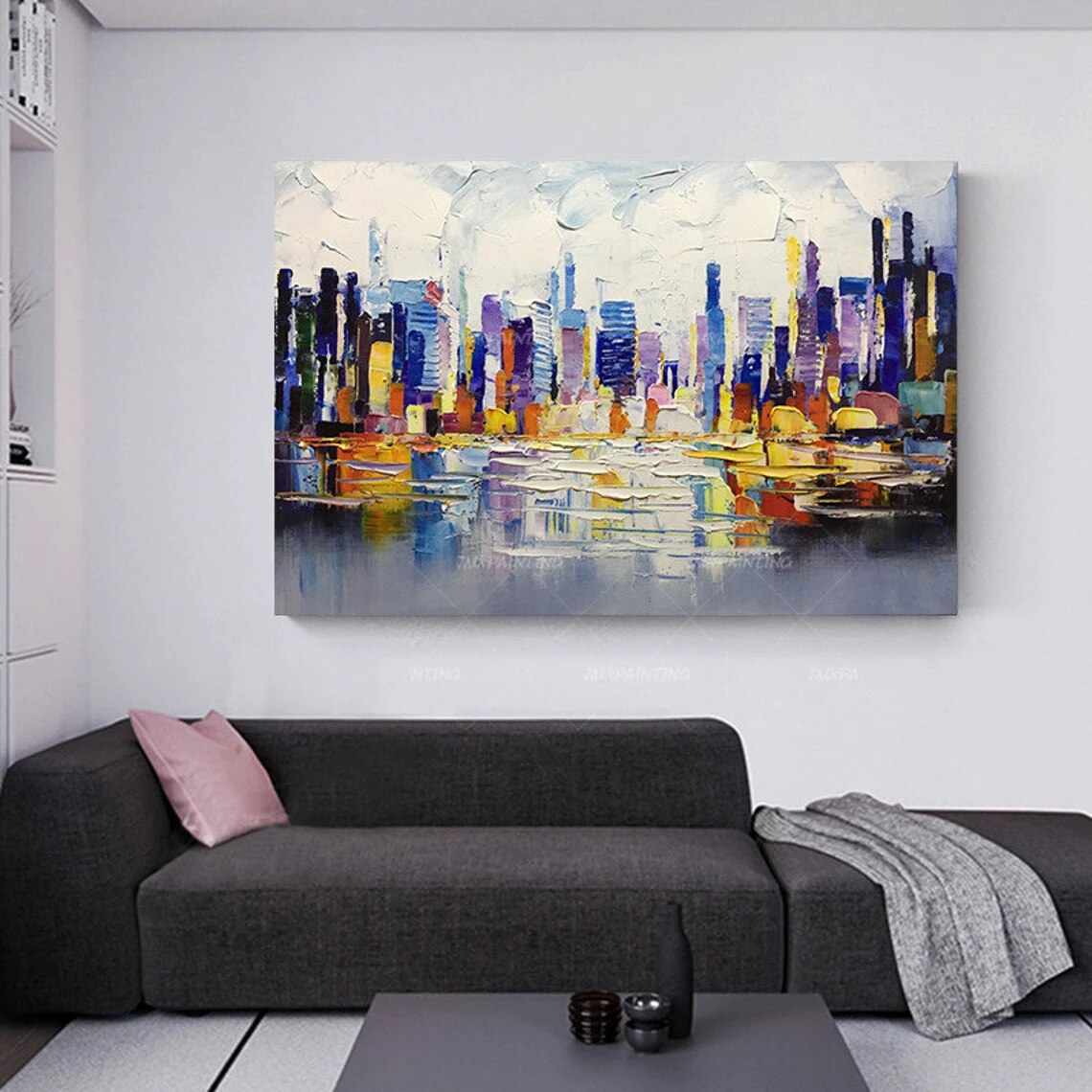 Pintura abstracta de paisaje urbano de Nueva York sobre lienzo, arte de pared pintado a mano Original para dormitorio