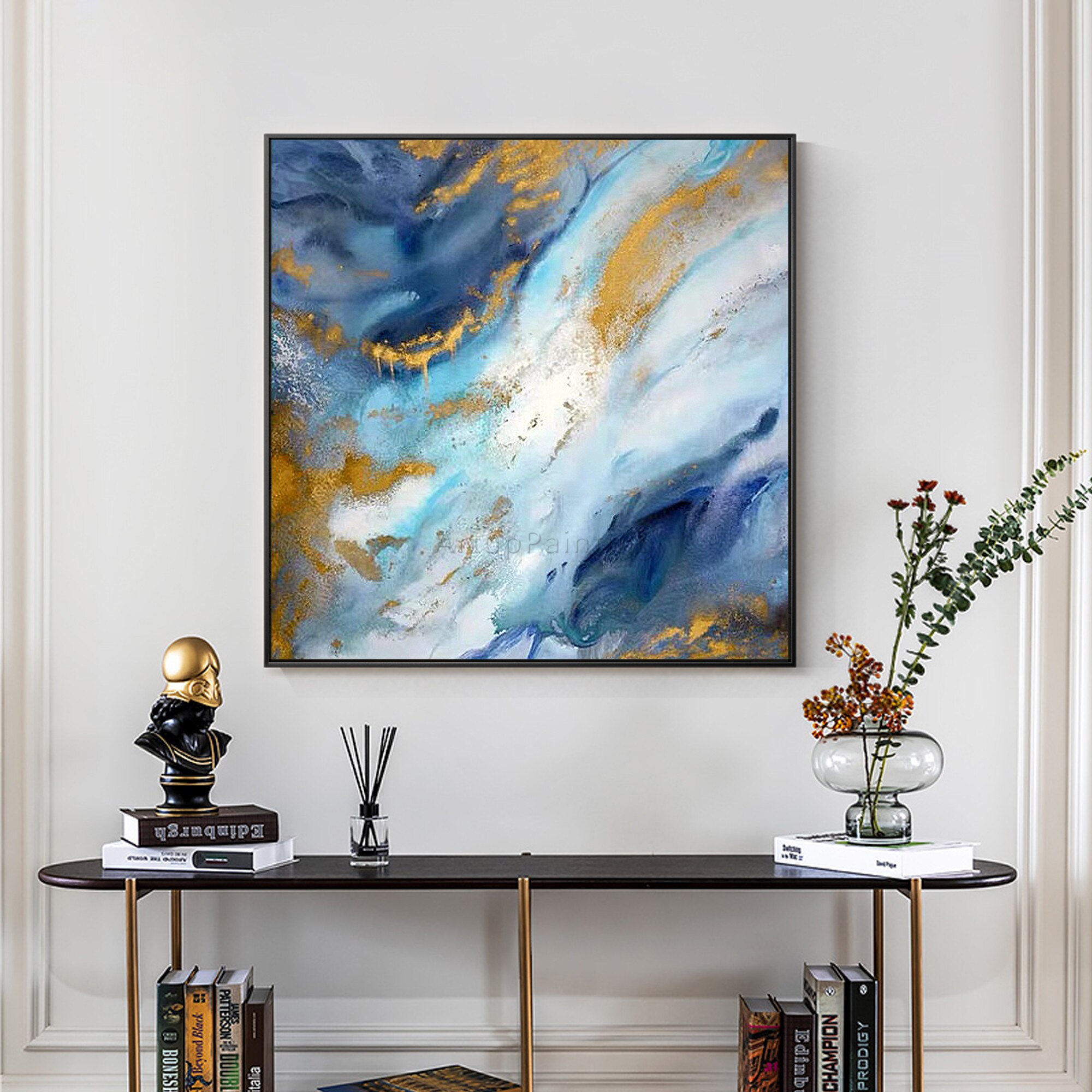 Pintura abstracta moderna sobre lienzo de oro, azul marino, arte de pared con textura acr&iacute;lica Original, p&oacute;ster para decoraci&oacute;n del hogar y sala de estar