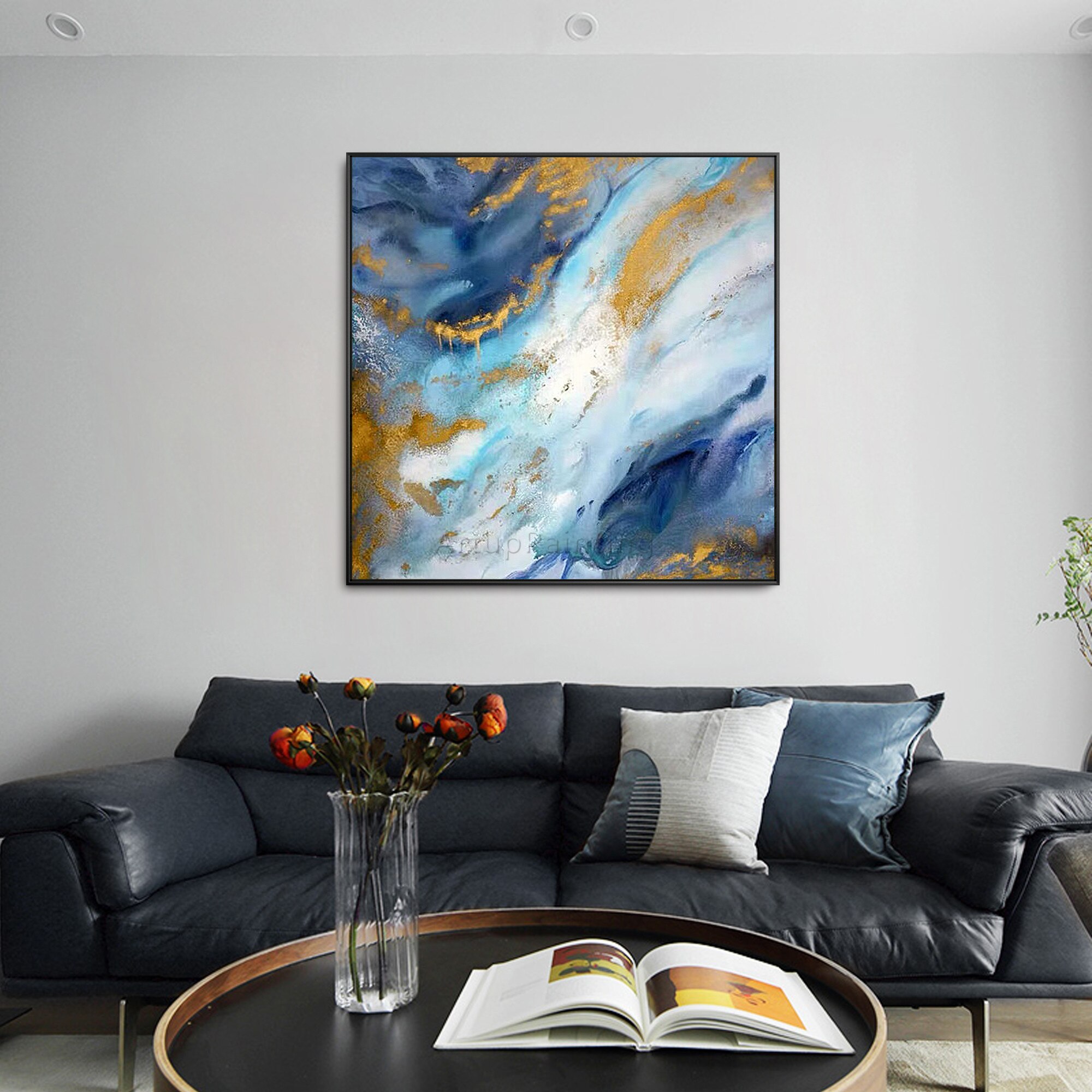 Pintura abstracta moderna sobre lienzo de oro, azul marino, arte de pared con textura acr&iacute;lica Original, p&oacute;ster para decoraci&oacute;n del hogar y sala de estar