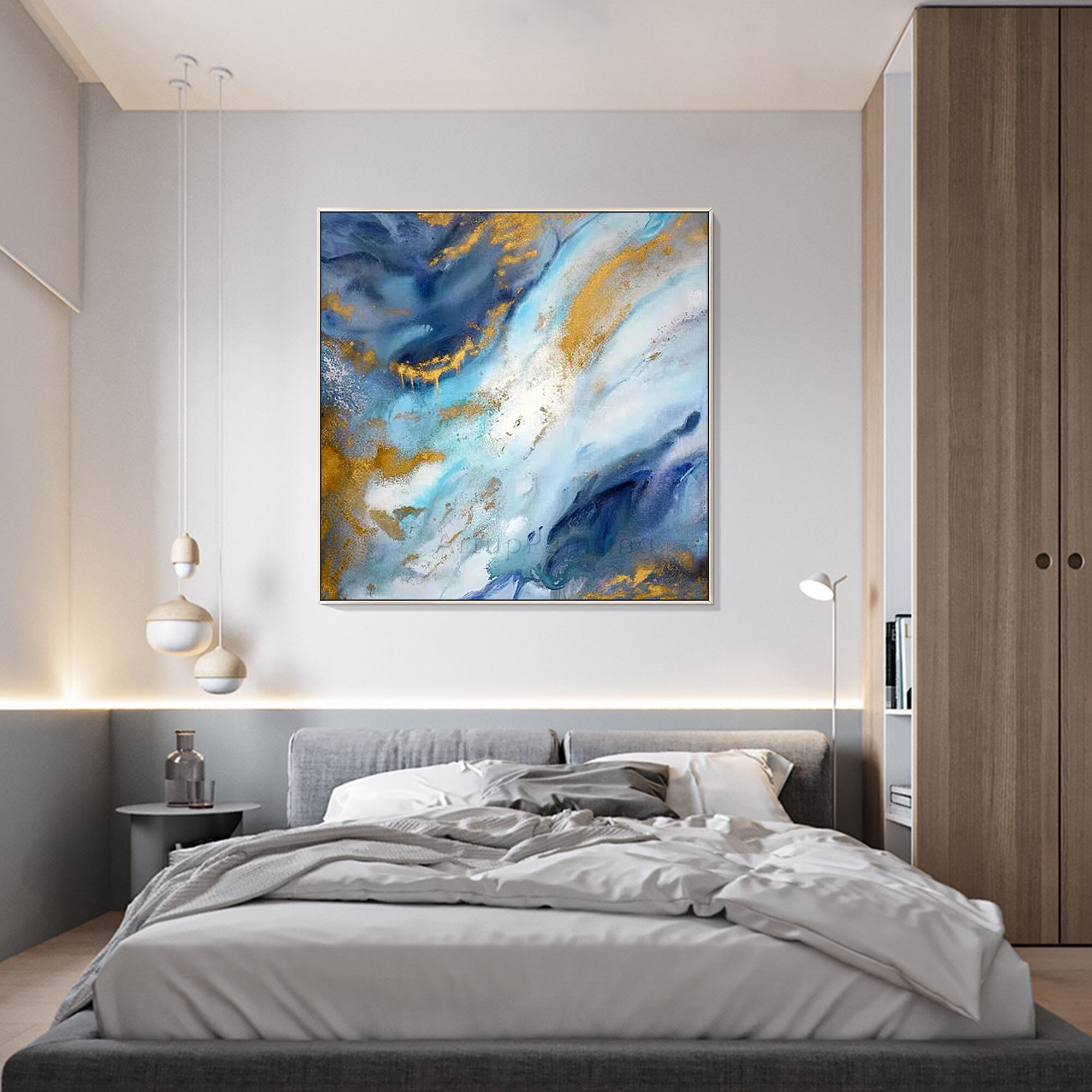 Pintura abstracta moderna sobre lienzo de oro, azul marino, arte de pared con textura acr&iacute;lica Original, p&oacute;ster para decoraci&oacute;n del hogar y sala de estar