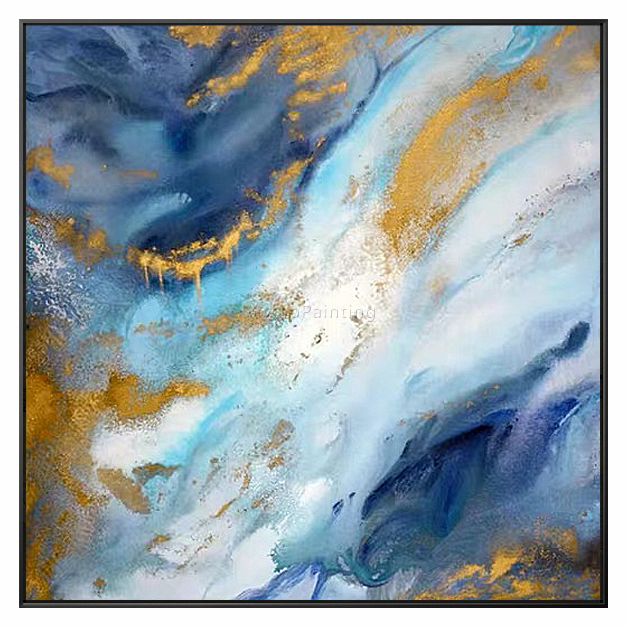Pintura abstracta moderna sobre lienzo de oro, azul marino, arte de pared con textura acr&iacute;lica Original, p&oacute;ster para decoraci&oacute;n del hogar y sala de estar