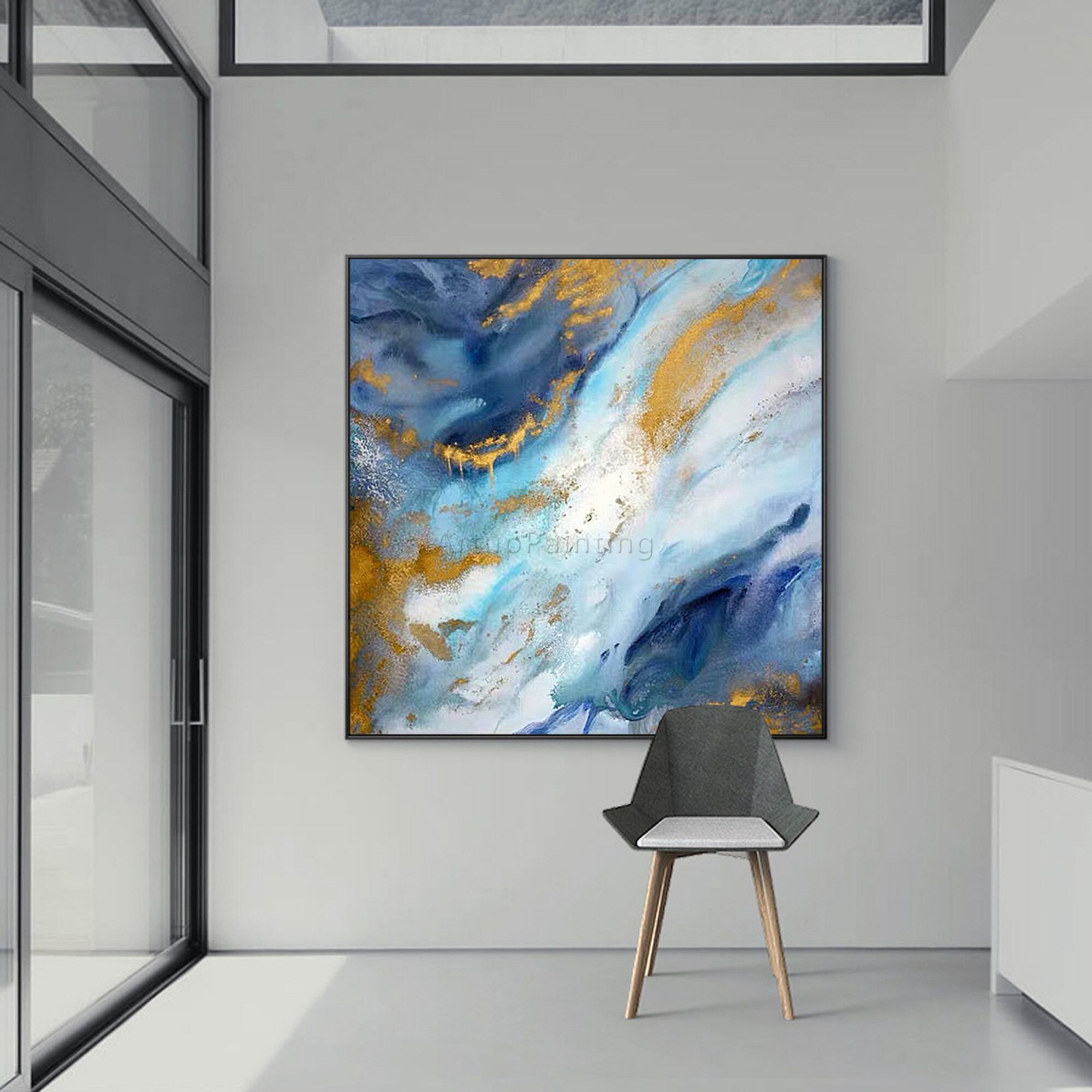 Pintura abstracta moderna sobre lienzo de oro, azul marino, arte de pared con textura acr&iacute;lica Original, p&oacute;ster para decoraci&oacute;n del hogar y sala de estar