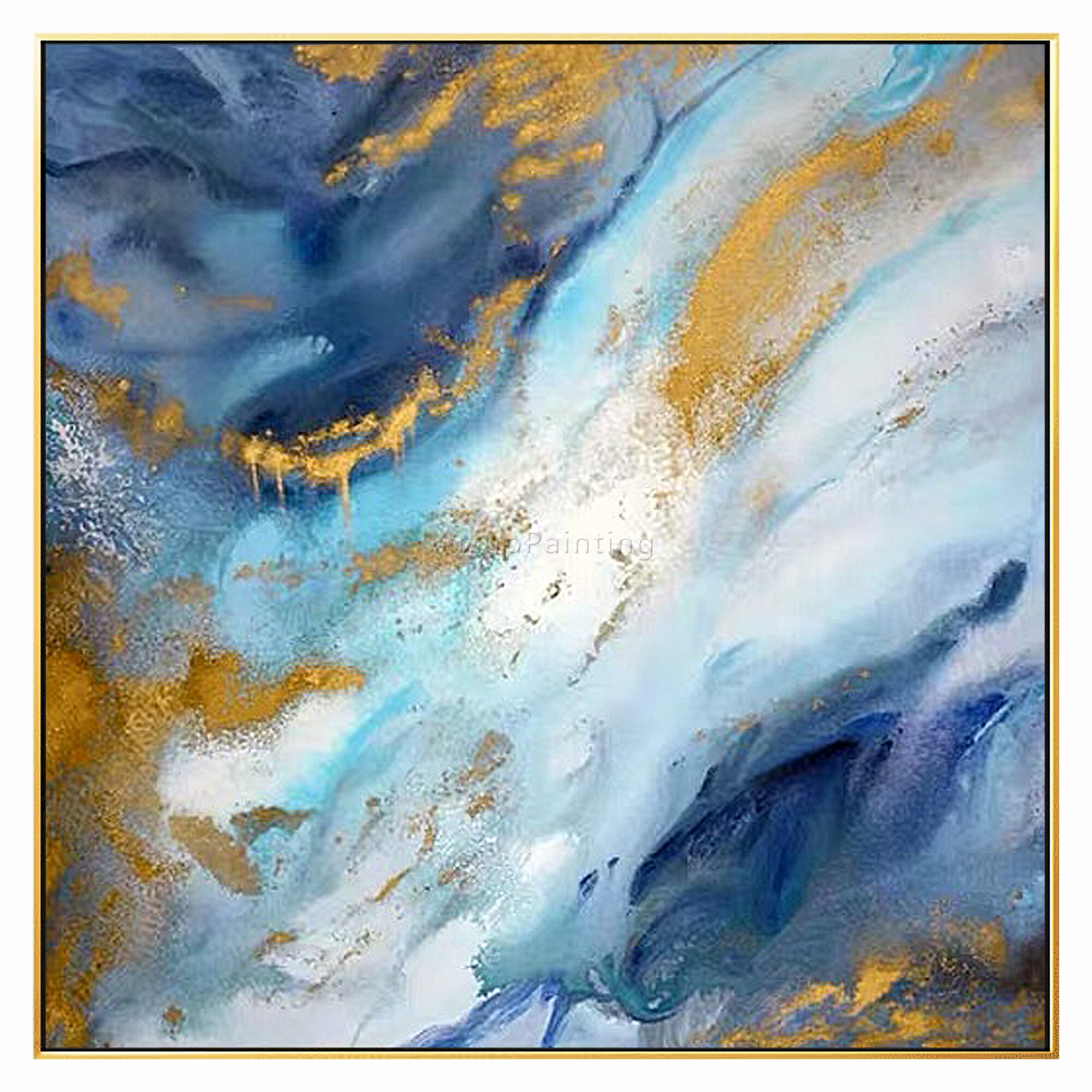 Pintura abstracta moderna sobre lienzo de oro, azul marino, arte de pared con textura acr&iacute;lica Original, p&oacute;ster para decoraci&oacute;n del hogar y sala de estar
