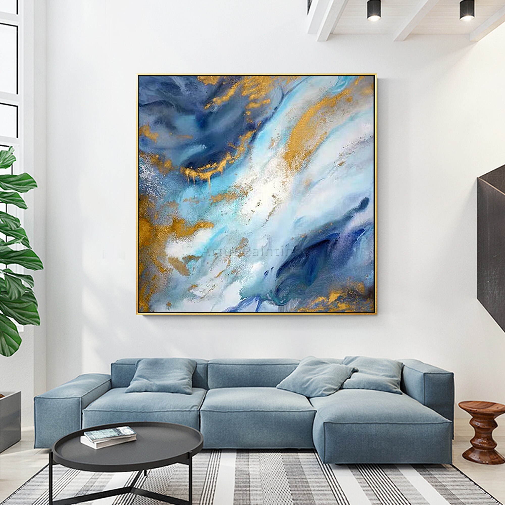 Pintura abstracta moderna sobre lienzo de oro, azul marino, arte de pared con textura acr&iacute;lica Original, p&oacute;ster para decoraci&oacute;n del hogar y sala de estar