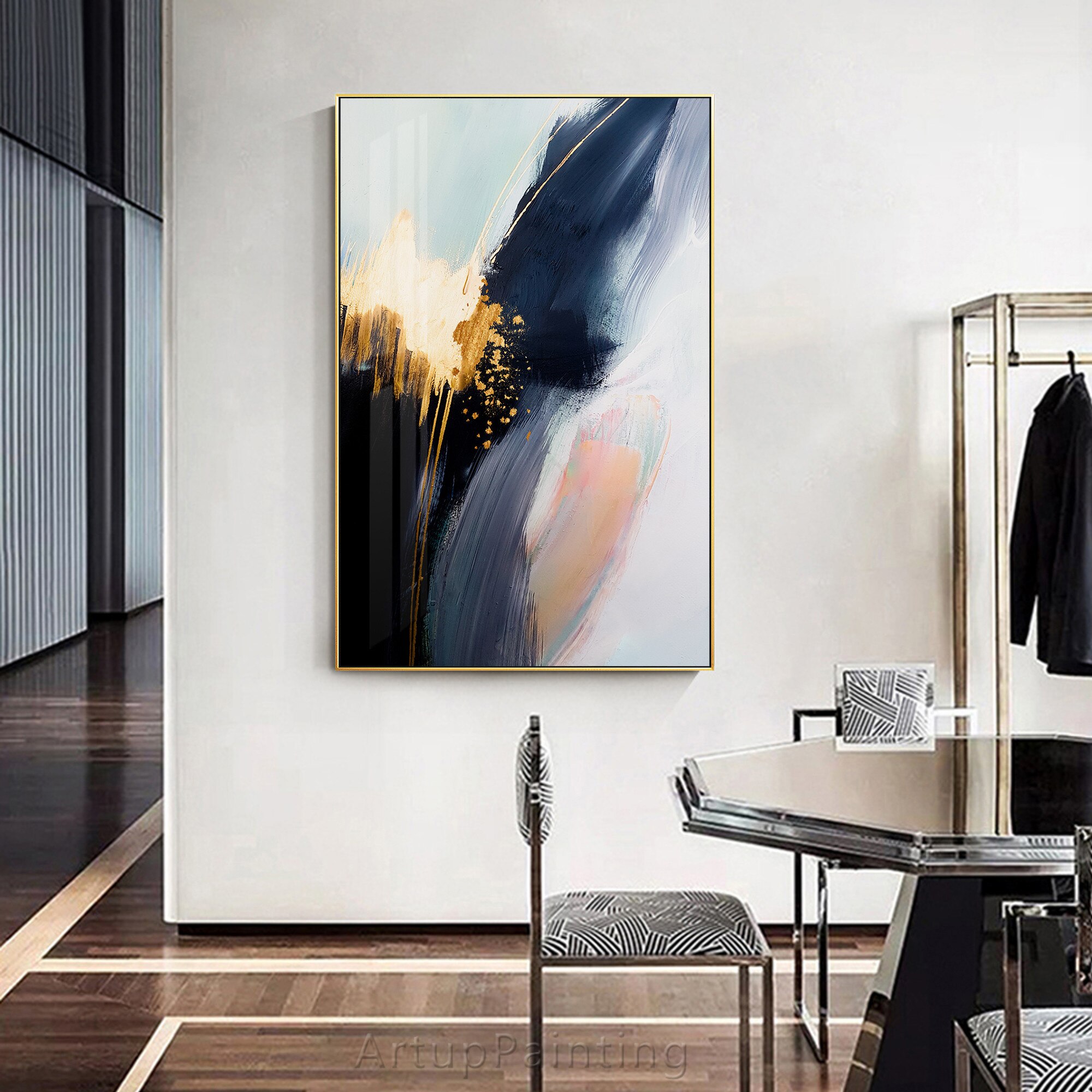 Pintura abstracta de hojas de oro rosa para decoraci&oacute;n del hogar, lienzo de textura al &oacute;leo, pintura acr&iacute;lica de pared grande, azul marino