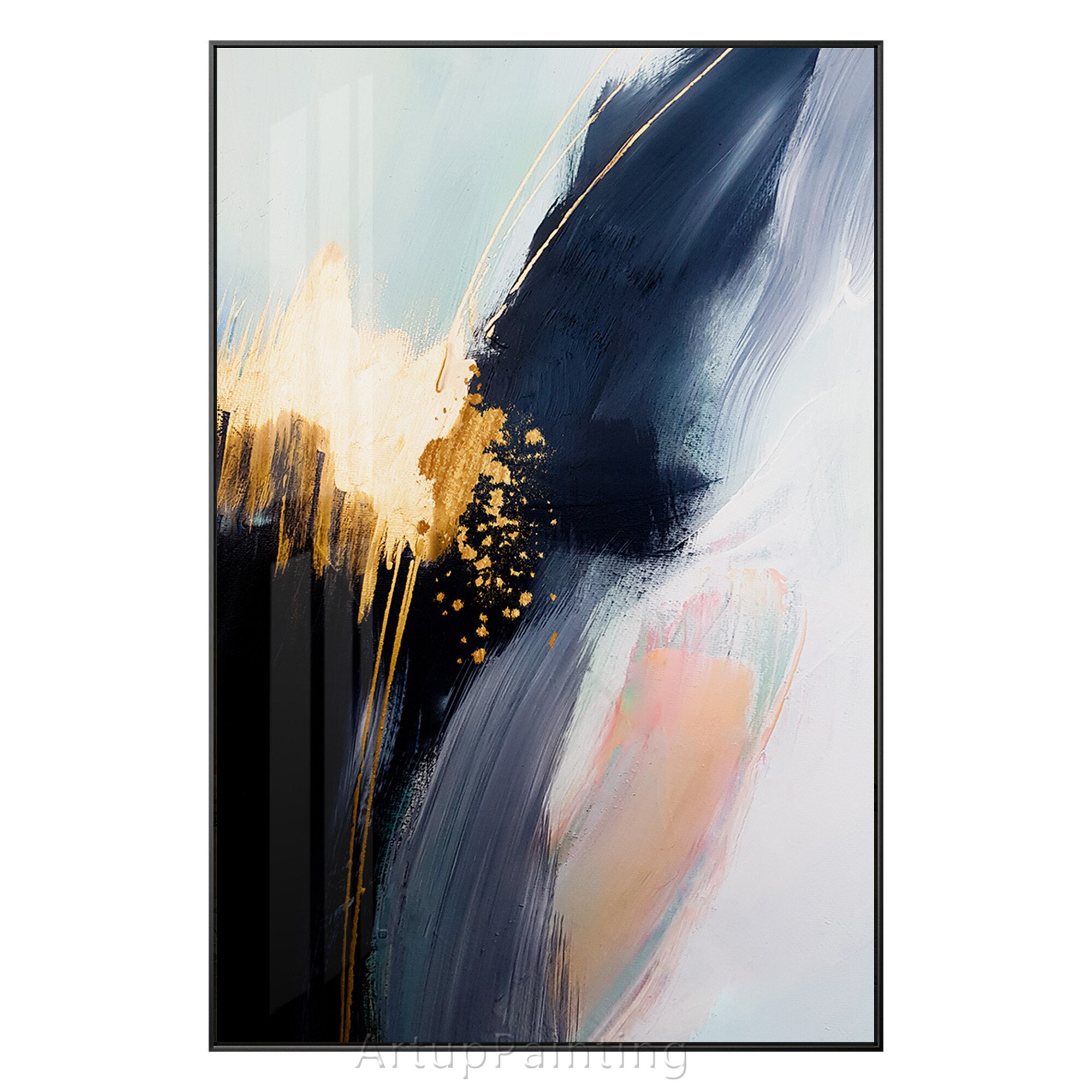 Pintura abstracta de hojas de oro rosa para decoraci&oacute;n del hogar, lienzo de textura al &oacute;leo, pintura acr&iacute;lica de pared grande, azul marino