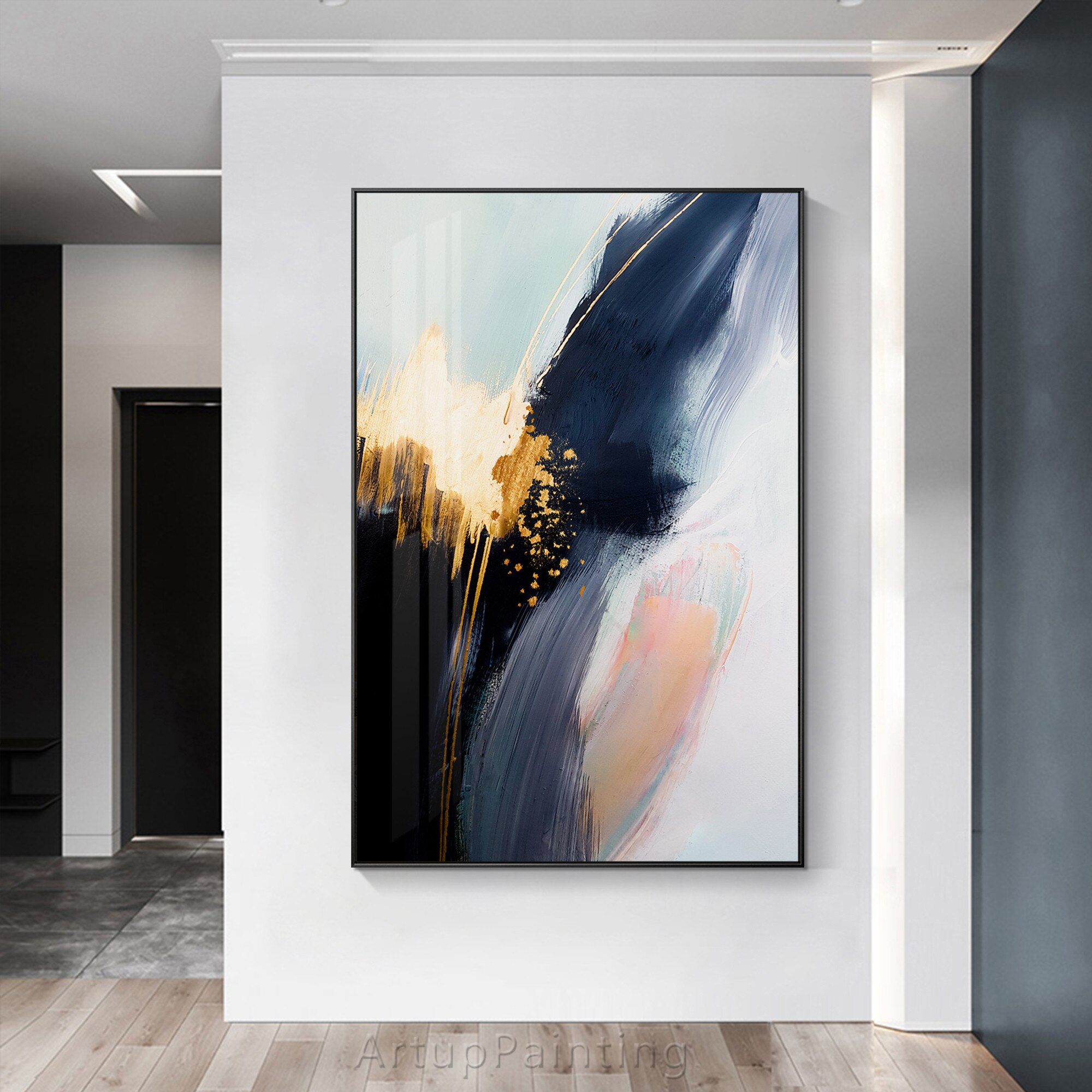 Pintura abstracta de hojas de oro rosa para decoraci&oacute;n del hogar, lienzo de textura al &oacute;leo, pintura acr&iacute;lica de pared grande, azul marino