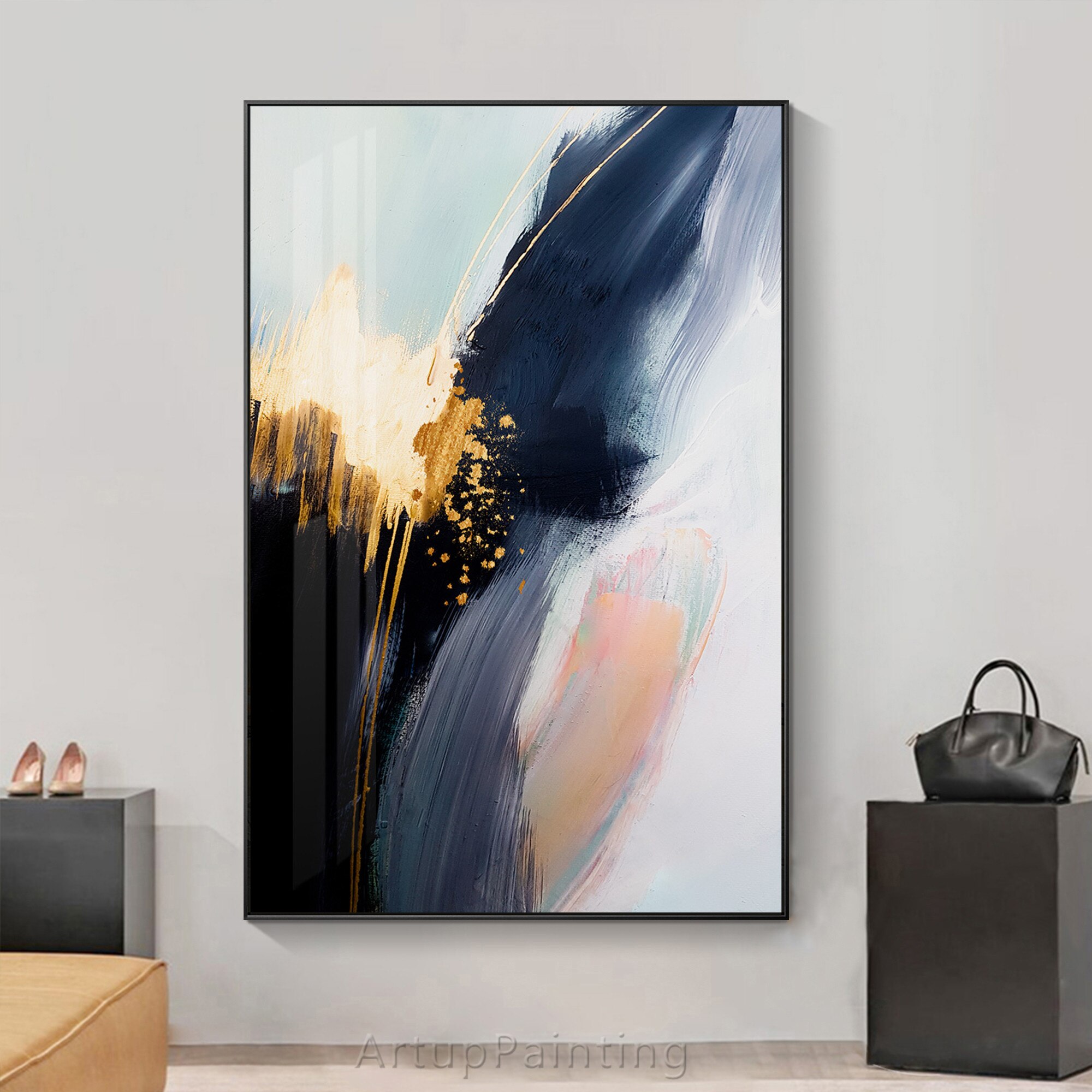 Pintura abstracta de hojas de oro rosa para decoraci&oacute;n del hogar, lienzo de textura al &oacute;leo, pintura acr&iacute;lica de pared grande, azul marino