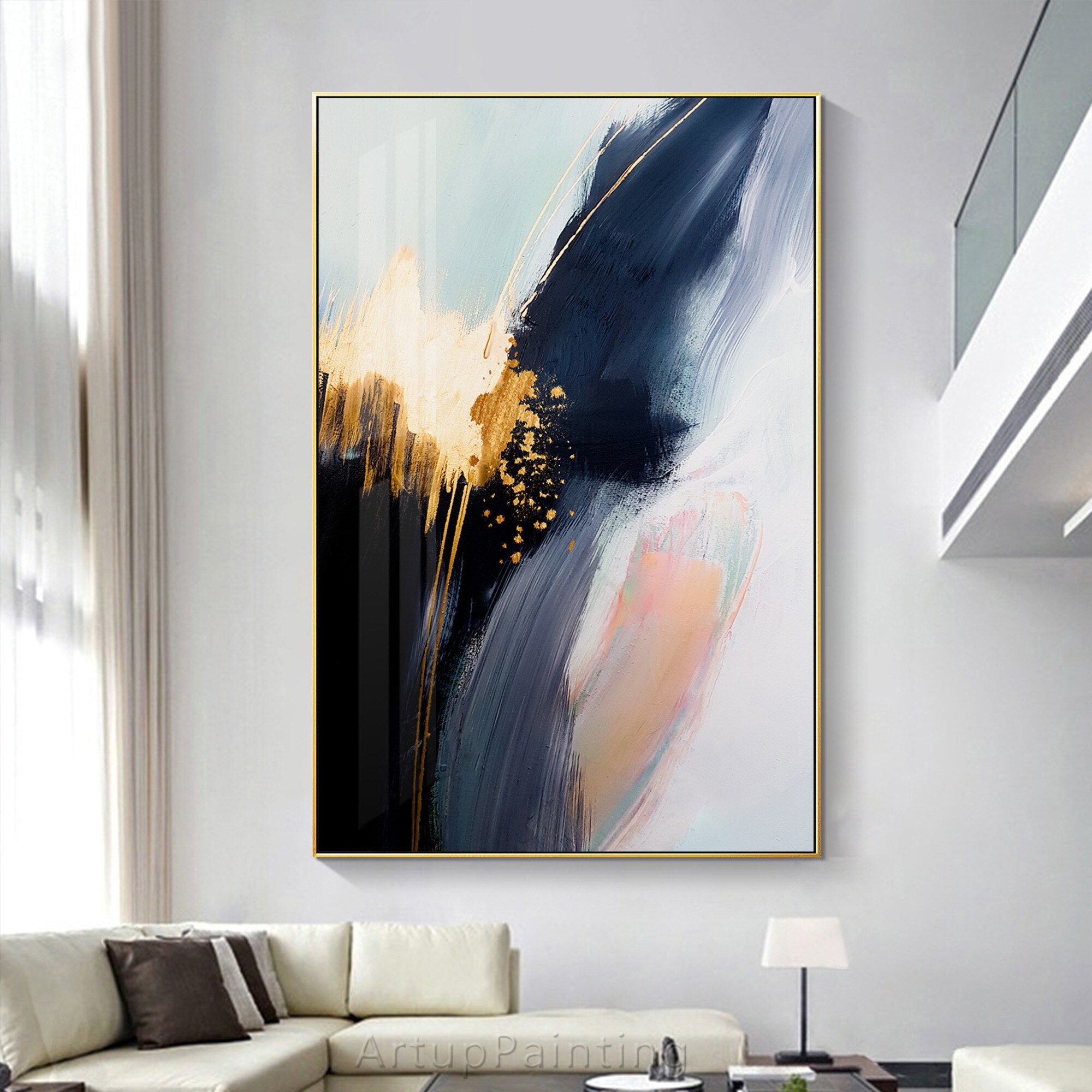 Pintura abstracta de hojas de oro rosa para decoraci&oacute;n del hogar, lienzo de textura al &oacute;leo, pintura acr&iacute;lica de pared grande, azul marino
