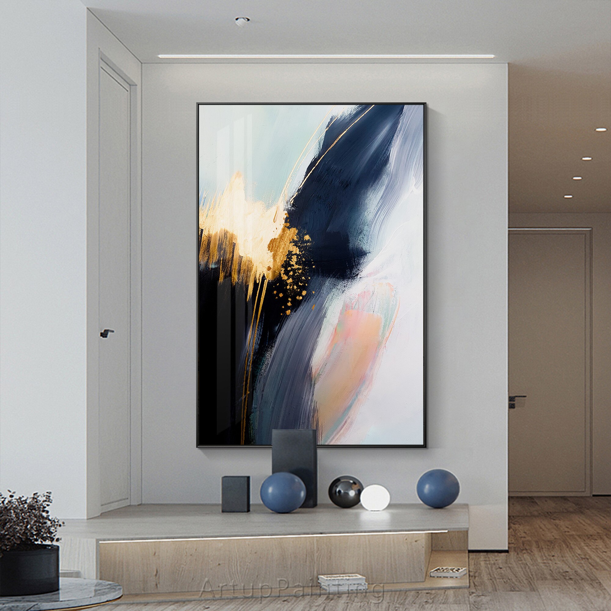 Pintura abstracta de hojas de oro rosa para decoraci&oacute;n del hogar, lienzo de textura al &oacute;leo, pintura acr&iacute;lica de pared grande, azul marino