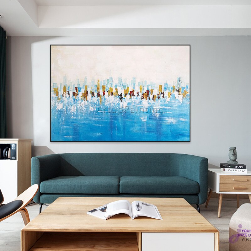 Pintura abstracta acr&iacute;lica azul hielo, textura pesada, lienzo, cuadros, caudros, decoraci&oacute;n de pared, im&aacute;genes art&iacute;sticas para sala de estar y el hogar