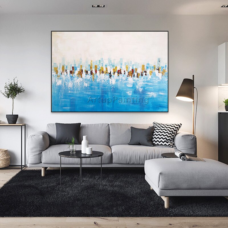 Pintura abstracta acr&iacute;lica azul hielo, textura pesada, lienzo, cuadros, caudros, decoraci&oacute;n de pared, im&aacute;genes art&iacute;sticas para sala de estar y el hogar