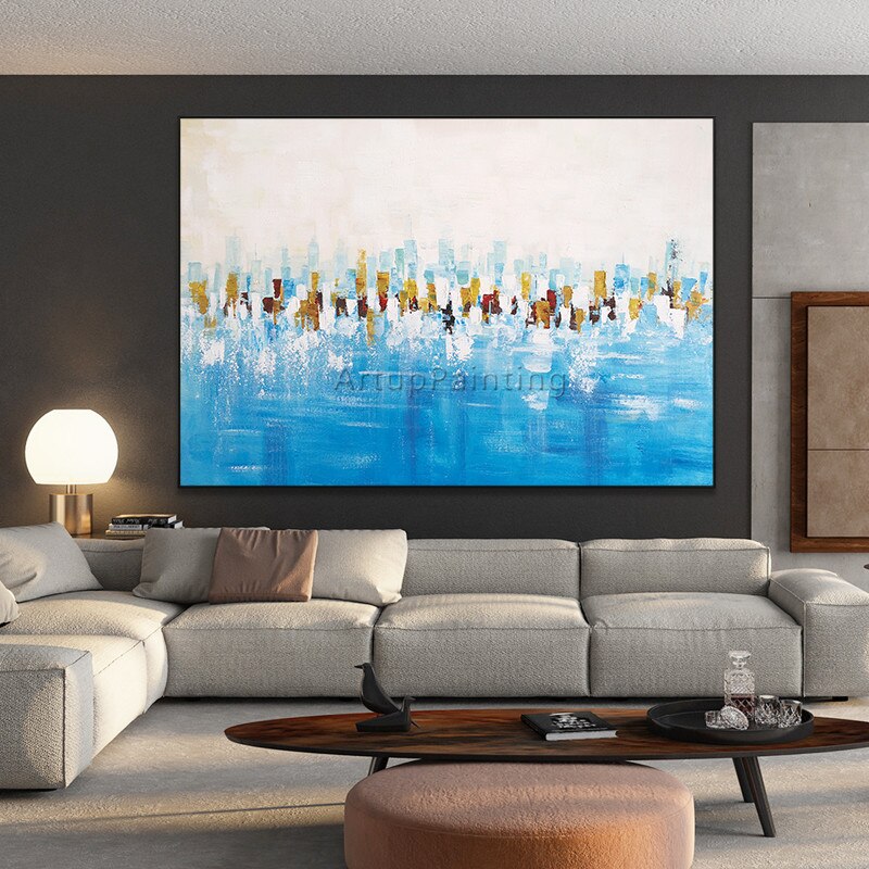 Pintura abstracta acr&iacute;lica azul hielo, textura pesada, lienzo, cuadros, caudros, decoraci&oacute;n de pared, im&aacute;genes art&iacute;sticas para sala de estar y el hogar