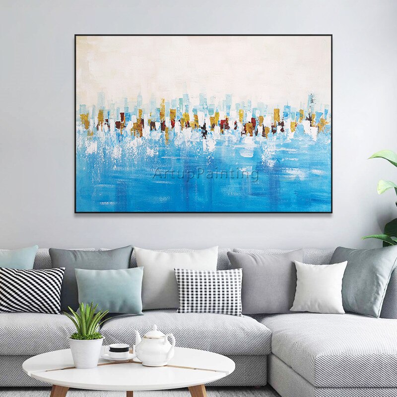 Pintura abstracta acr&iacute;lica azul hielo, textura pesada, lienzo, cuadros, caudros, decoraci&oacute;n de pared, im&aacute;genes art&iacute;sticas para sala de estar y el hogar