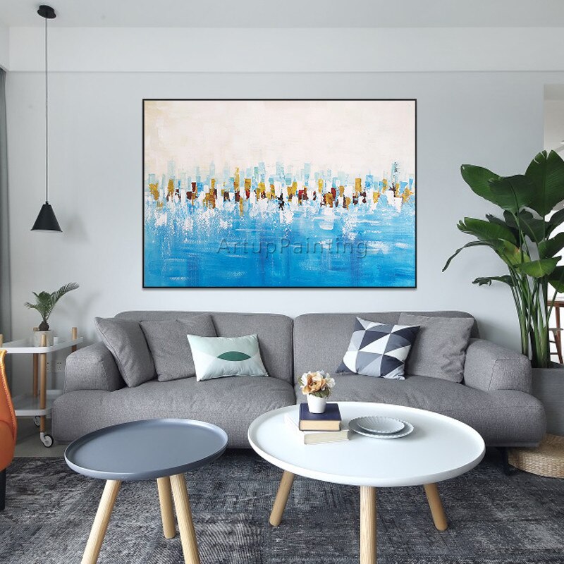 Pintura abstracta acr&iacute;lica azul hielo, textura pesada, lienzo, cuadros, caudros, decoraci&oacute;n de pared, im&aacute;genes art&iacute;sticas para sala de estar y el hogar
