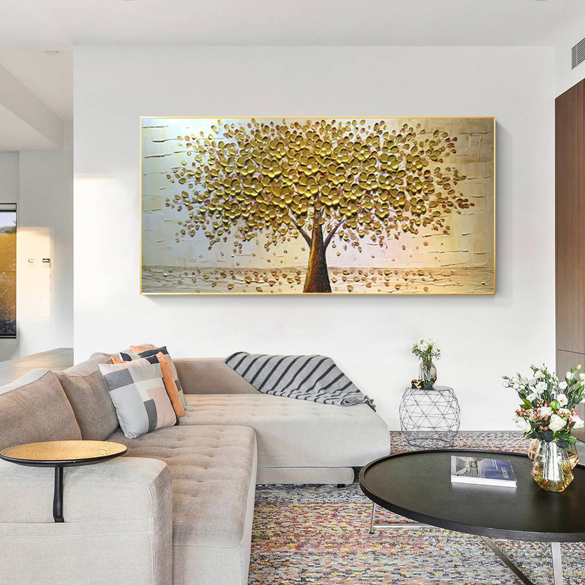 Paleta de pintura de &aacute;rbol texturizado pesado, cuchillo de &Aacute;rbol de Oro, decoraci&oacute;n de Arte de pared Vertical Extra grande