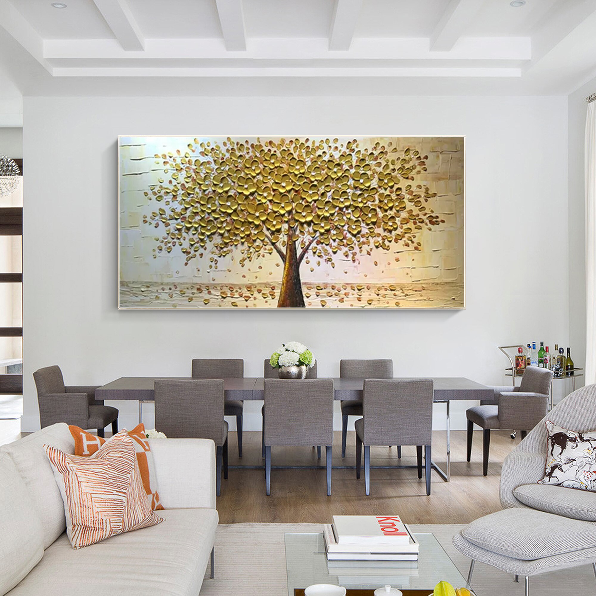Paleta de pintura de &aacute;rbol texturizado pesado, cuchillo de &Aacute;rbol de Oro, decoraci&oacute;n de Arte de pared Vertical Extra grande