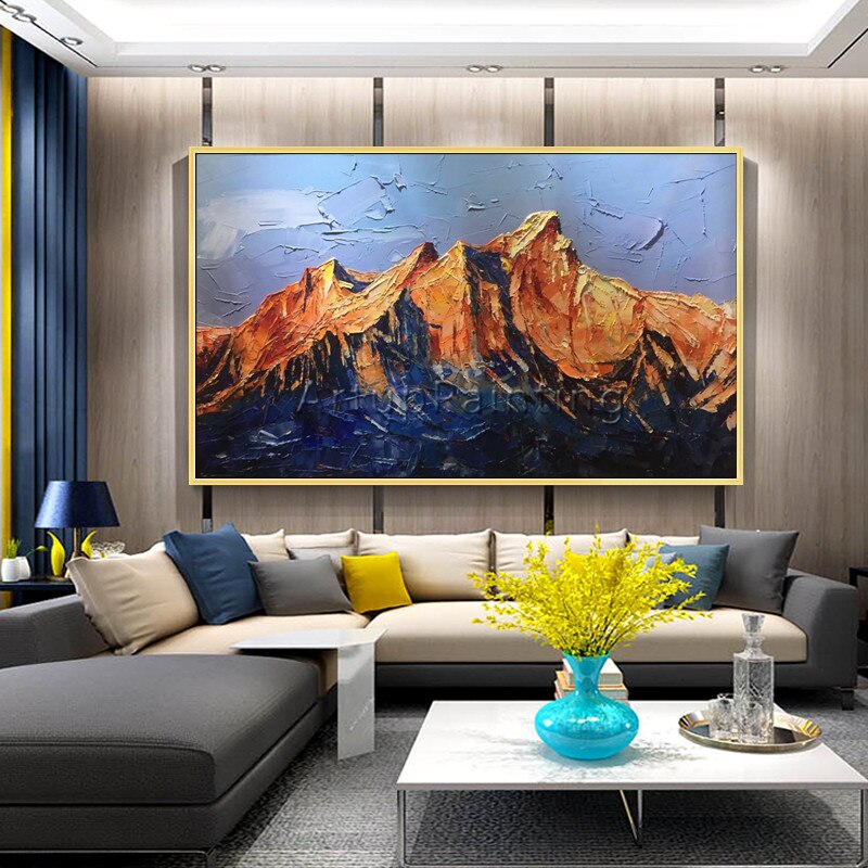 Pintura acr&iacute;lica en lienzo para decoraci&oacute;n del hogar, cuadro de monta&ntilde;a abstracta, paleta de pintura con cuchillo, im&aacute;genes art&iacute;sticas de pared para sala de estar