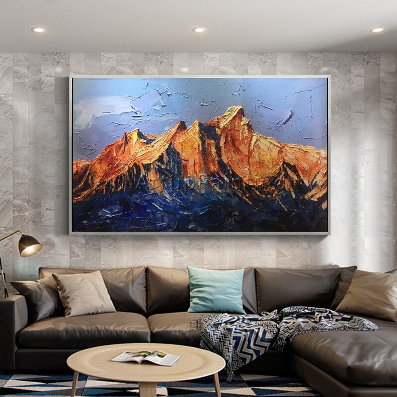 Pintura acr&iacute;lica en lienzo para decoraci&oacute;n del hogar, cuadro de monta&ntilde;a abstracta, paleta de pintura con cuchillo, im&aacute;genes art&iacute;sticas de pared para sala de estar