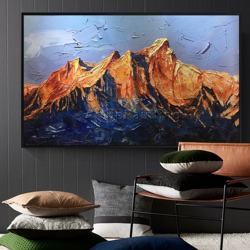 Pintura acr&iacute;lica en lienzo para decoraci&oacute;n del hogar, cuadro de monta&ntilde;a abstracta, paleta de pintura con cuchillo, im&aacute;genes art&iacute;sticas de pared para sala de estar
