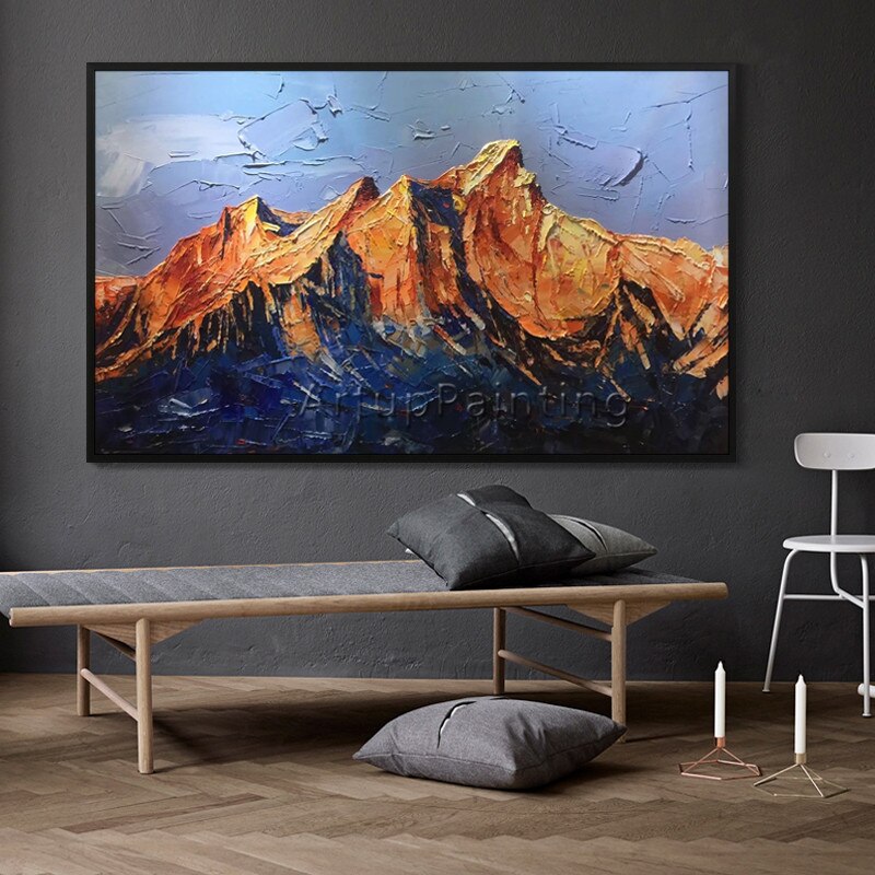 Pintura acr&iacute;lica en lienzo para decoraci&oacute;n del hogar, cuadro de monta&ntilde;a abstracta, paleta de pintura con cuchillo, im&aacute;genes art&iacute;sticas de pared para sala de estar