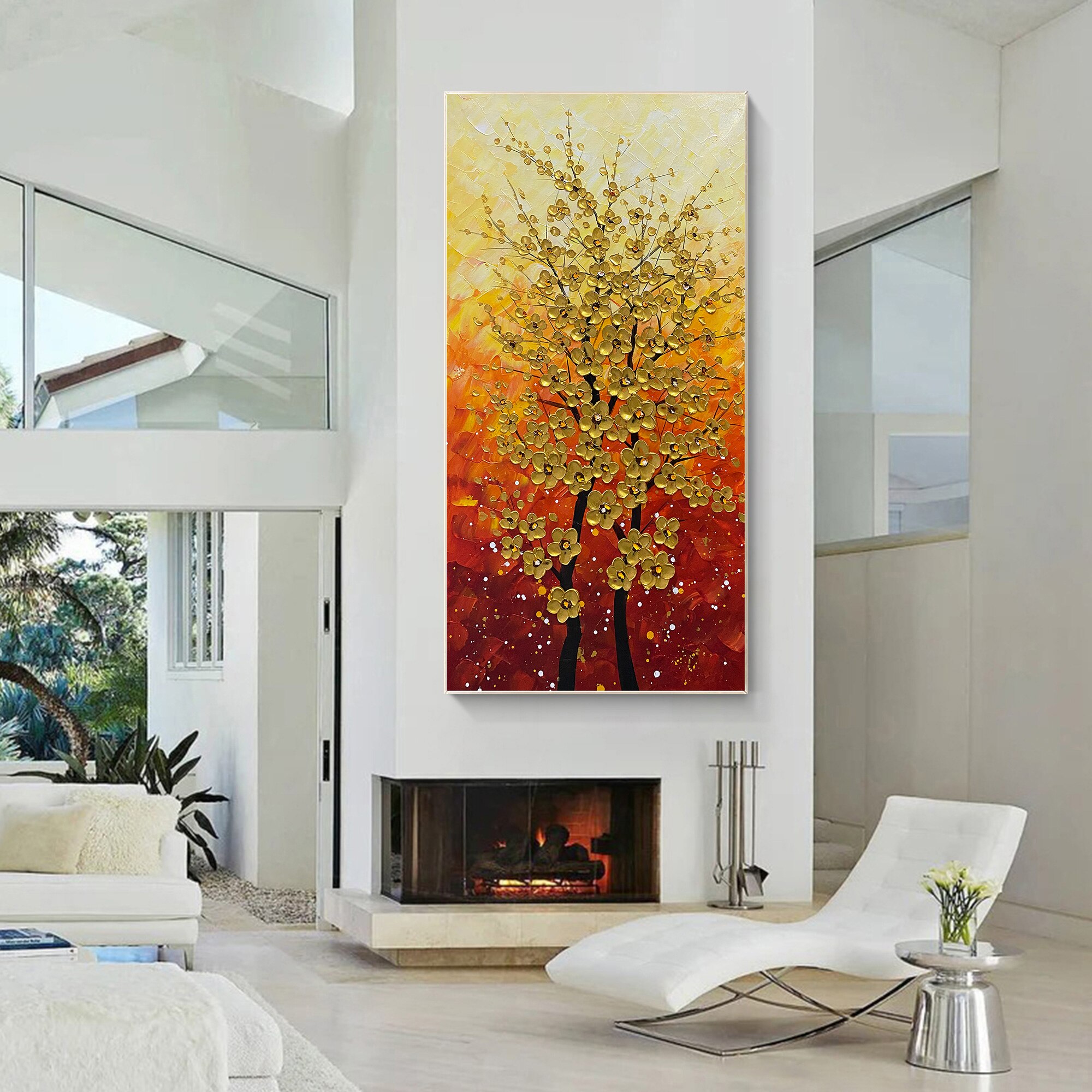 Pintura sobre lienzo de cuchillo de paleta de flores de &aacute;rbol dorado, flor Vertical, sala de estar, dormitorio, decoraci&oacute;n art&iacute;stica de pared del hogar