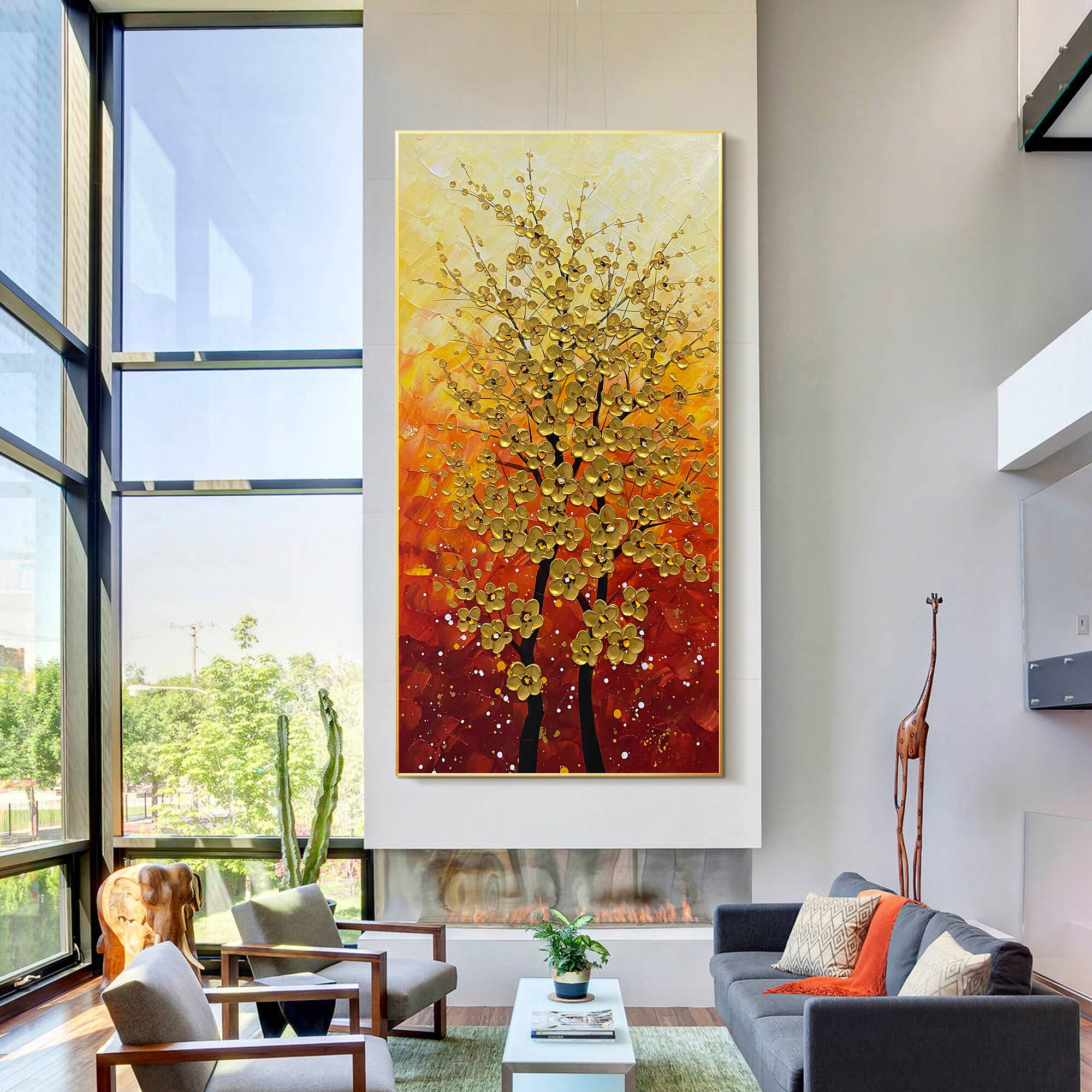 Pintura sobre lienzo de cuchillo de paleta de flores de &aacute;rbol dorado, flor Vertical, sala de estar, dormitorio, decoraci&oacute;n art&iacute;stica de pared del hogar